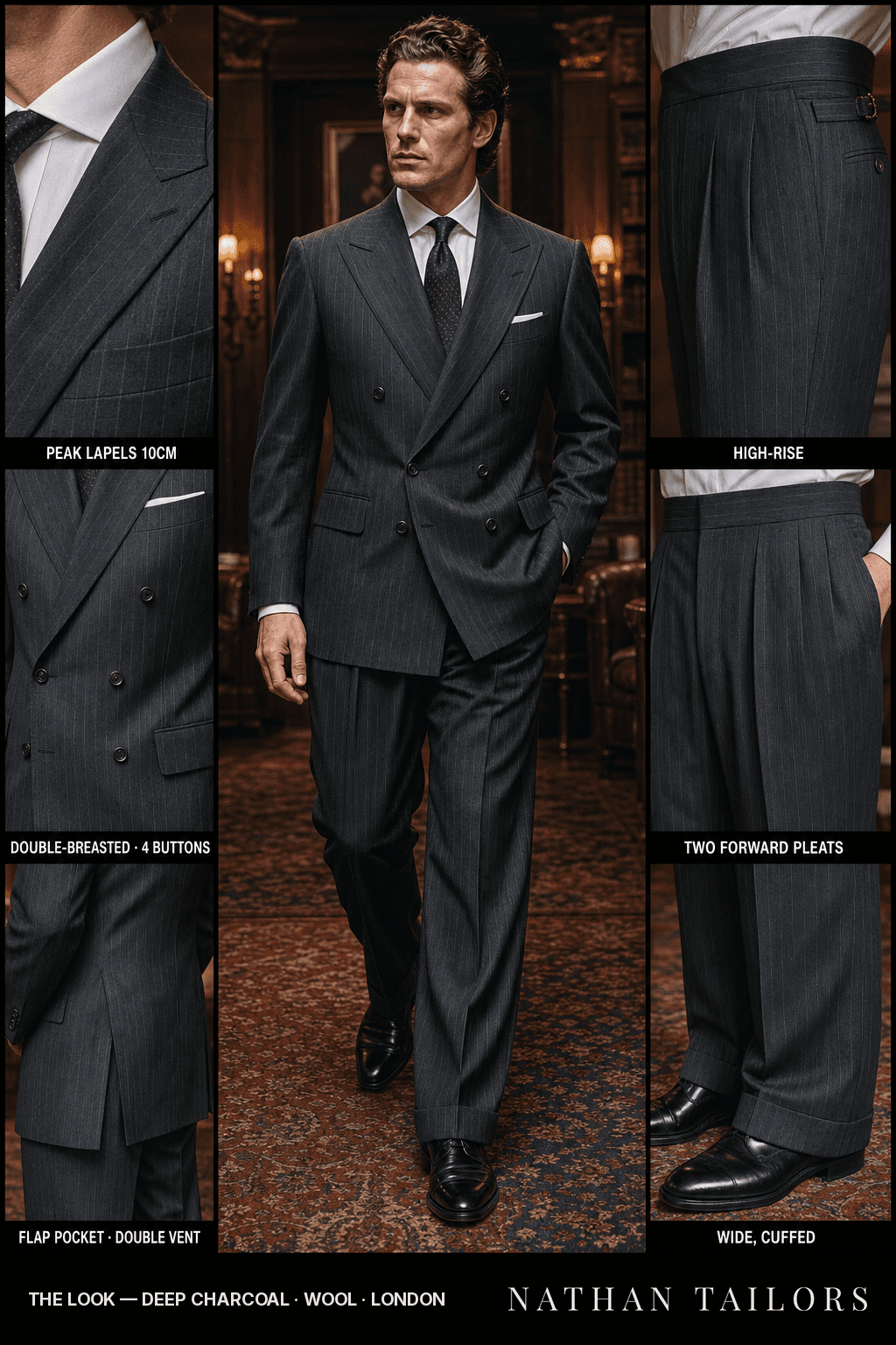 deep charcoal pinstripe double-breasted bespoke suit — custom tailored by Nathan Tailors, the Hoi An custom tailor