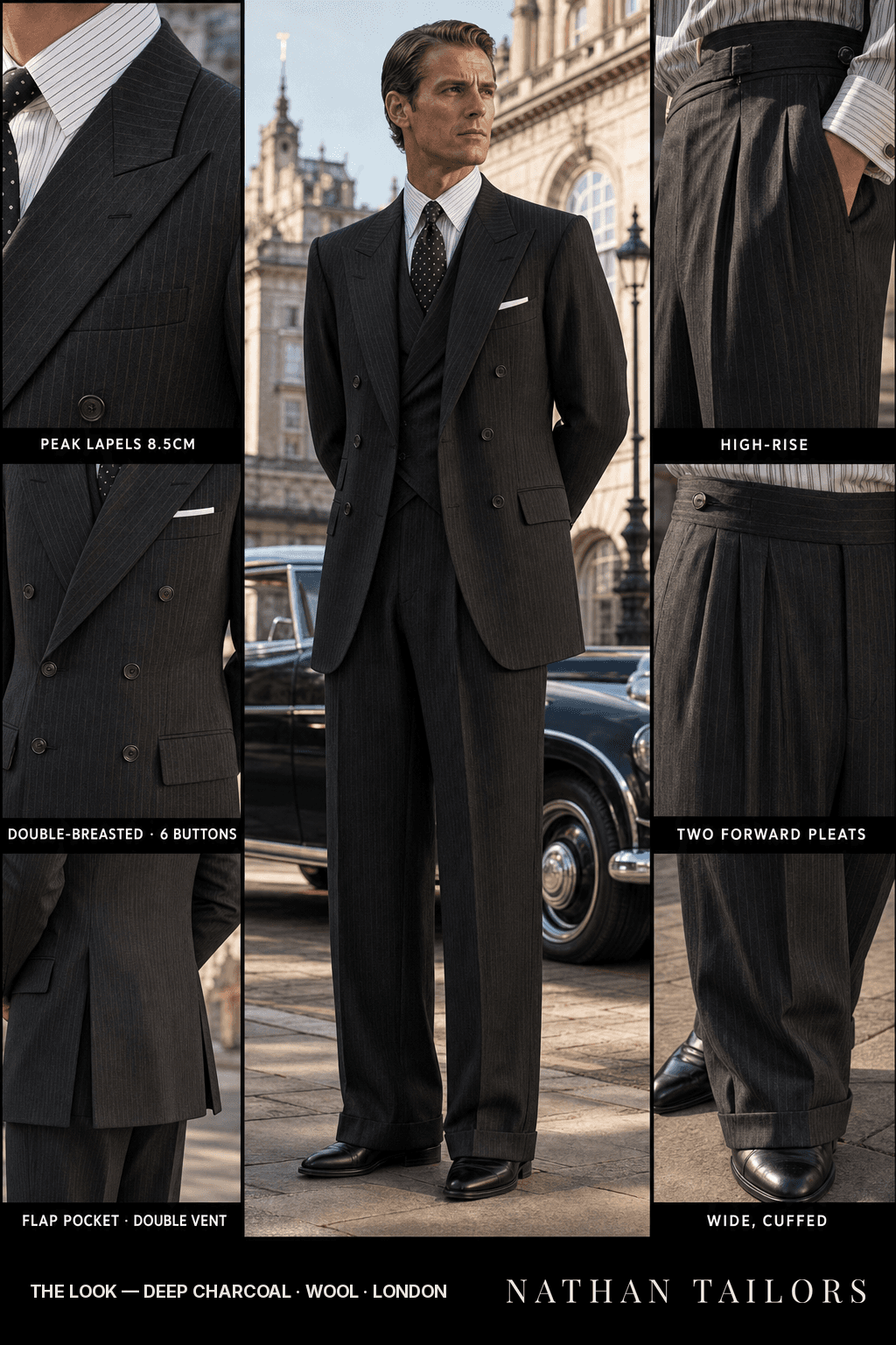 deep charcoal pinstripe double-breasted peak-lapel bespoke suit — AI-rendered by Nathan Tailors, the Hoi An custom tailor. Available as a custom tailored suit from $149.