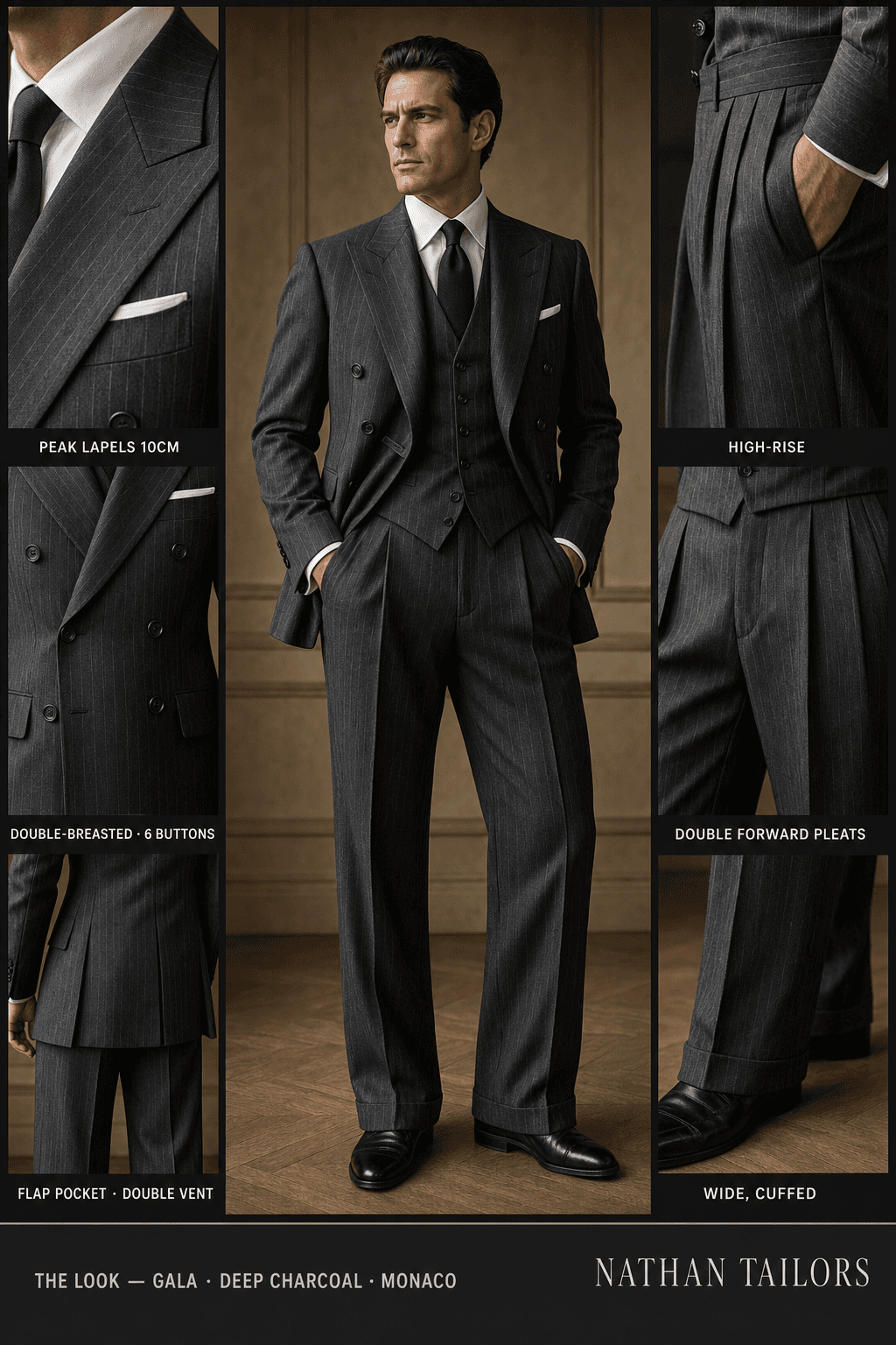 deep charcoal pinstripe double-breasted bespoke suit — custom tailored by Nathan Tailors, the Hoi An custom tailor