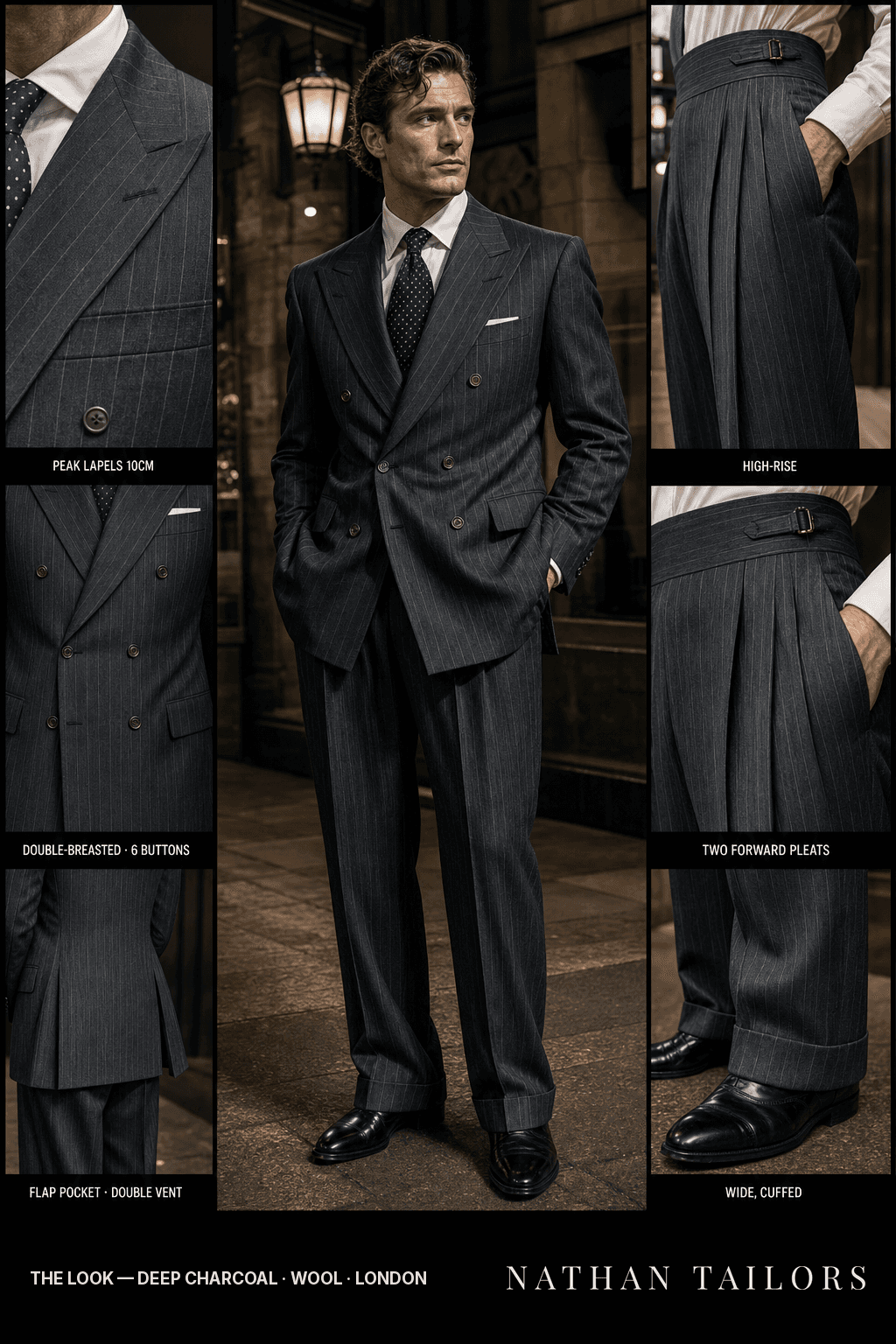 deep charcoal pinstripe double-breasted peak-lapel bespoke suit — AI-rendered by Nathan Tailors, the Hoi An custom tailor. Available as a custom tailored suit from $149.