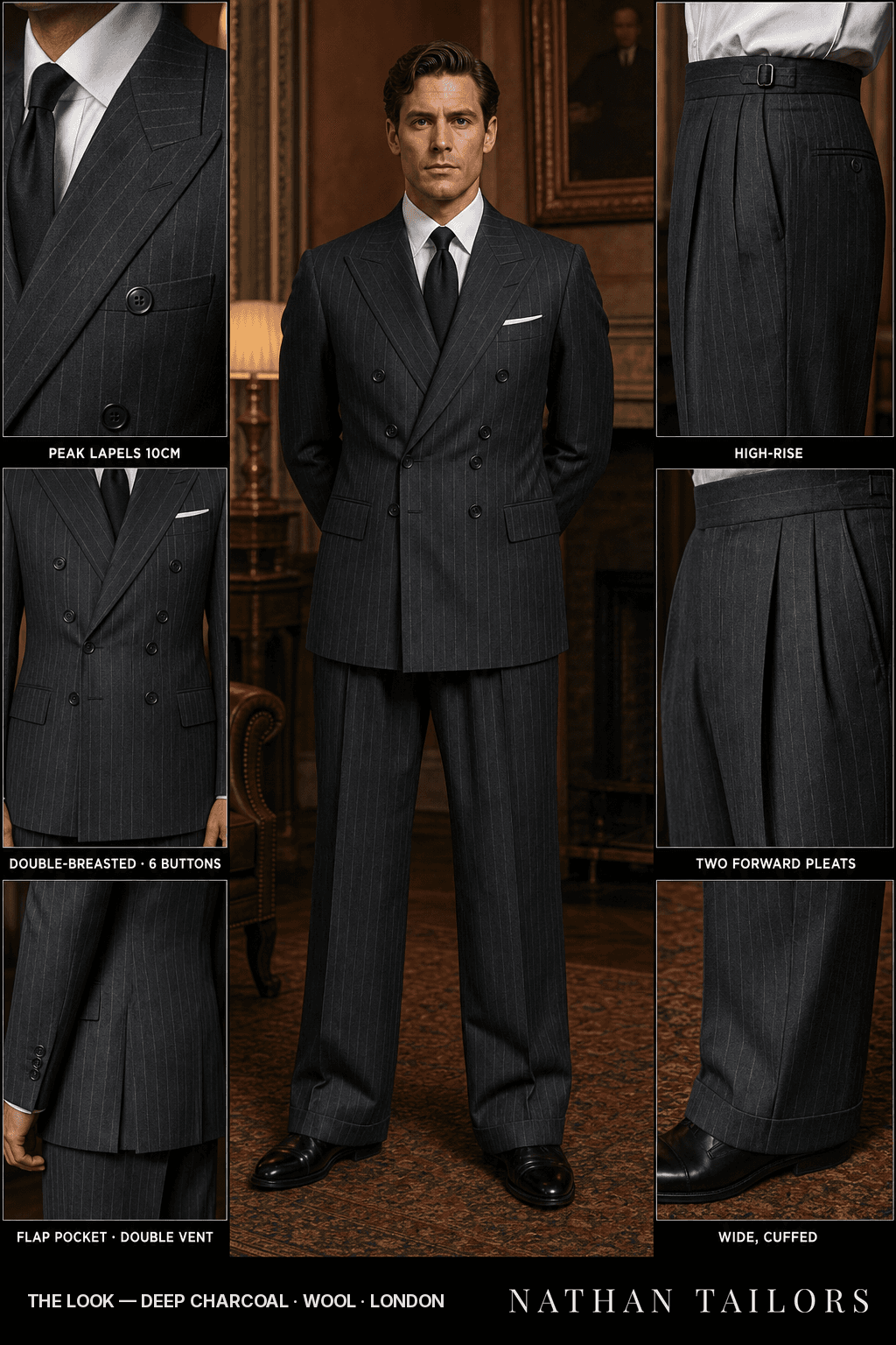 deep charcoal pinstripe double-breasted bespoke suit — custom tailored by Nathan Tailors, the Hoi An custom tailor