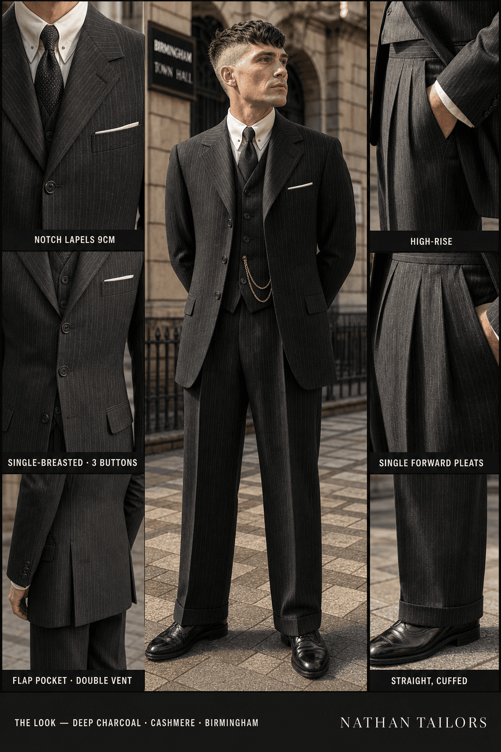 deep charcoal pinstripe single-breasted notch-lapel bespoke suit — AI-rendered by Nathan Tailors, the Hoi An custom tailor. Available as a custom tailored suit from $149.