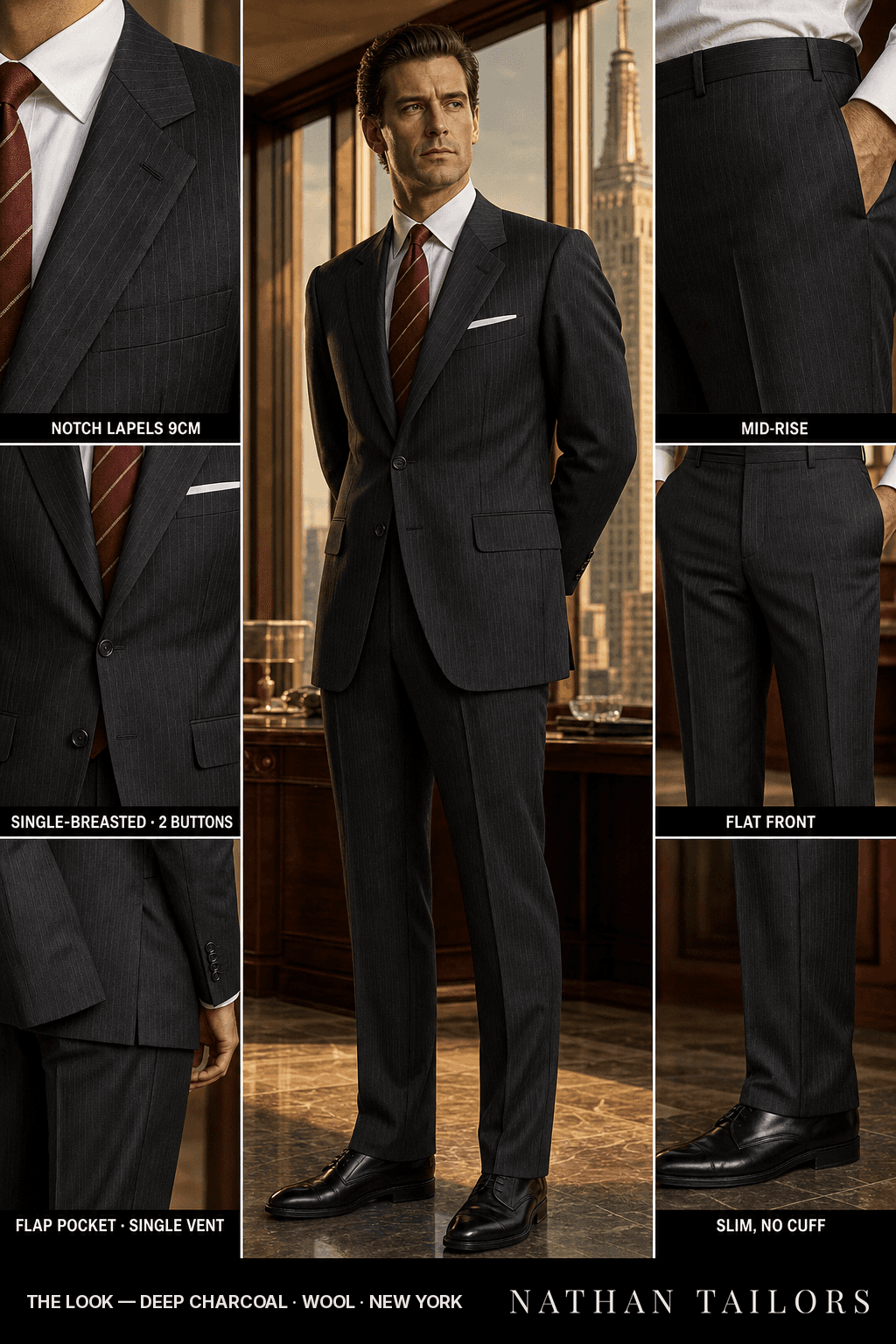 deep charcoal pinstripe single-breasted bespoke suit — custom tailored by Nathan Tailors, the Hoi An custom tailor