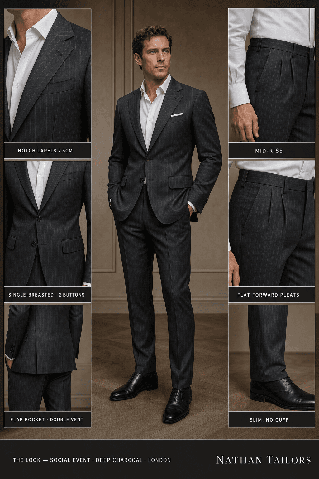 deep charcoal pinstripe single-breasted notch-lapel bespoke suit — AI-rendered by Nathan Tailors, the Hoi An custom tailor. Available as a custom tailored suit from $129.