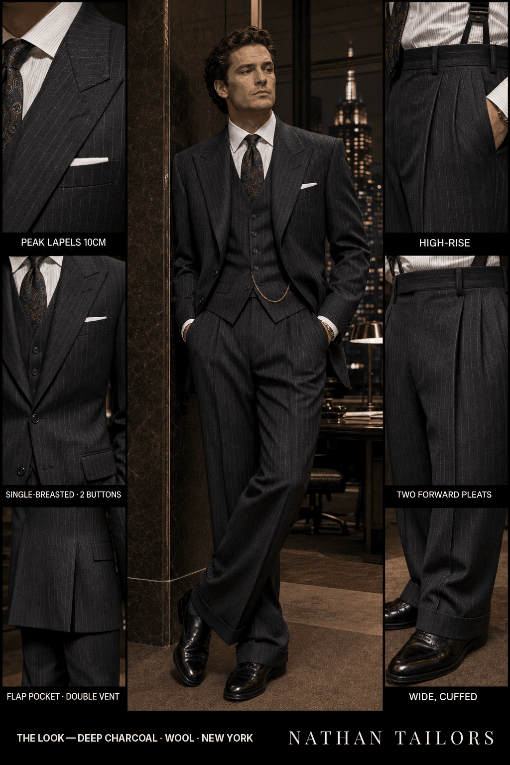 deep charcoal pinstripe single-breasted peak-lapel bespoke suit — AI-rendered by Nathan Tailors, the Hoi An custom tailor. Available as a custom tailored suit from $149.