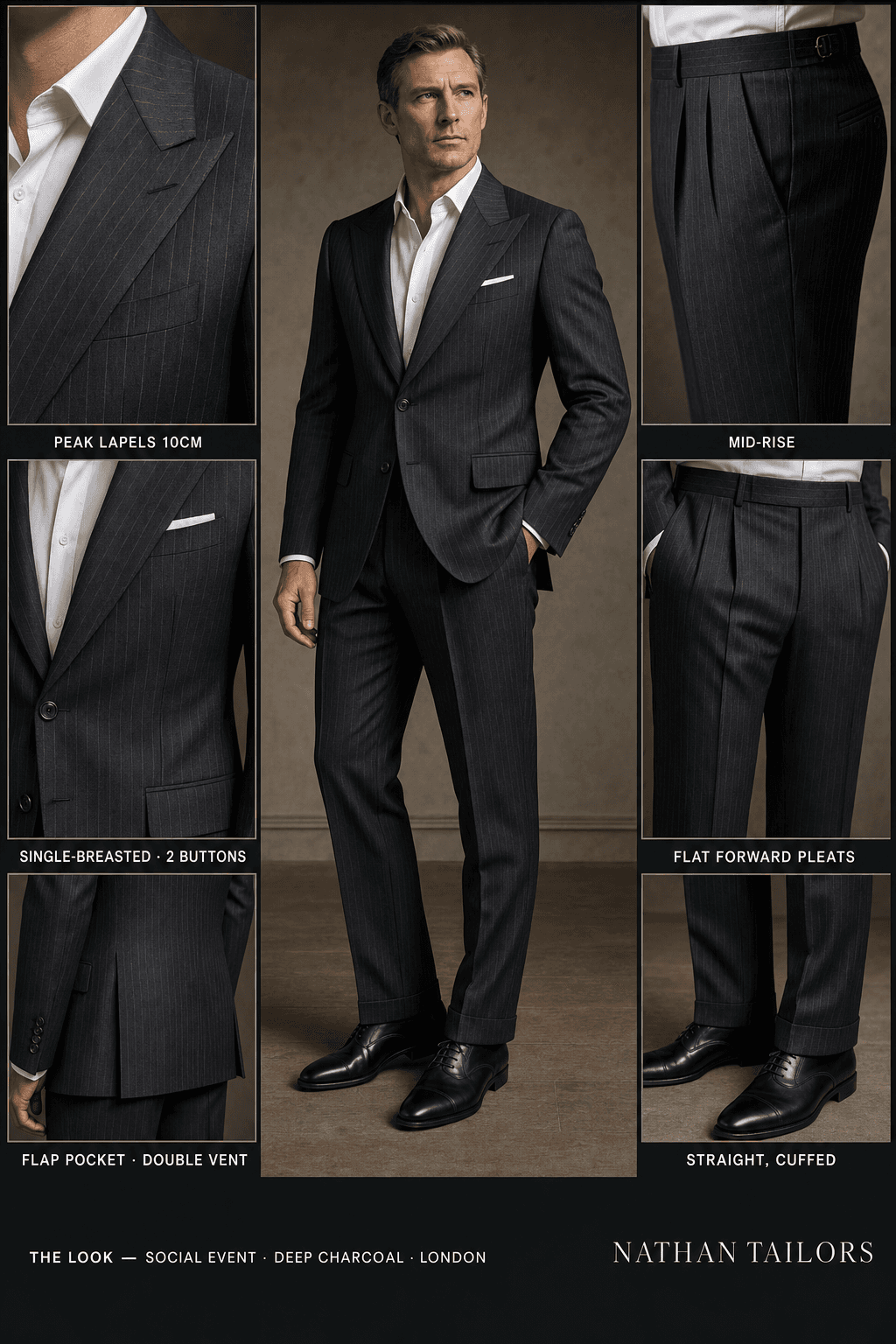 deep charcoal pinstripe single-breasted peak-lapel bespoke suit — AI-rendered by Nathan Tailors, the Hoi An custom tailor. Available as a custom tailored suit from $129.