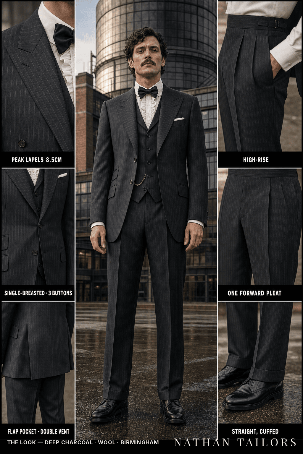 deep charcoal pinstripe single-breasted bespoke suit — custom tailored by Nathan Tailors, the Hoi An custom tailor