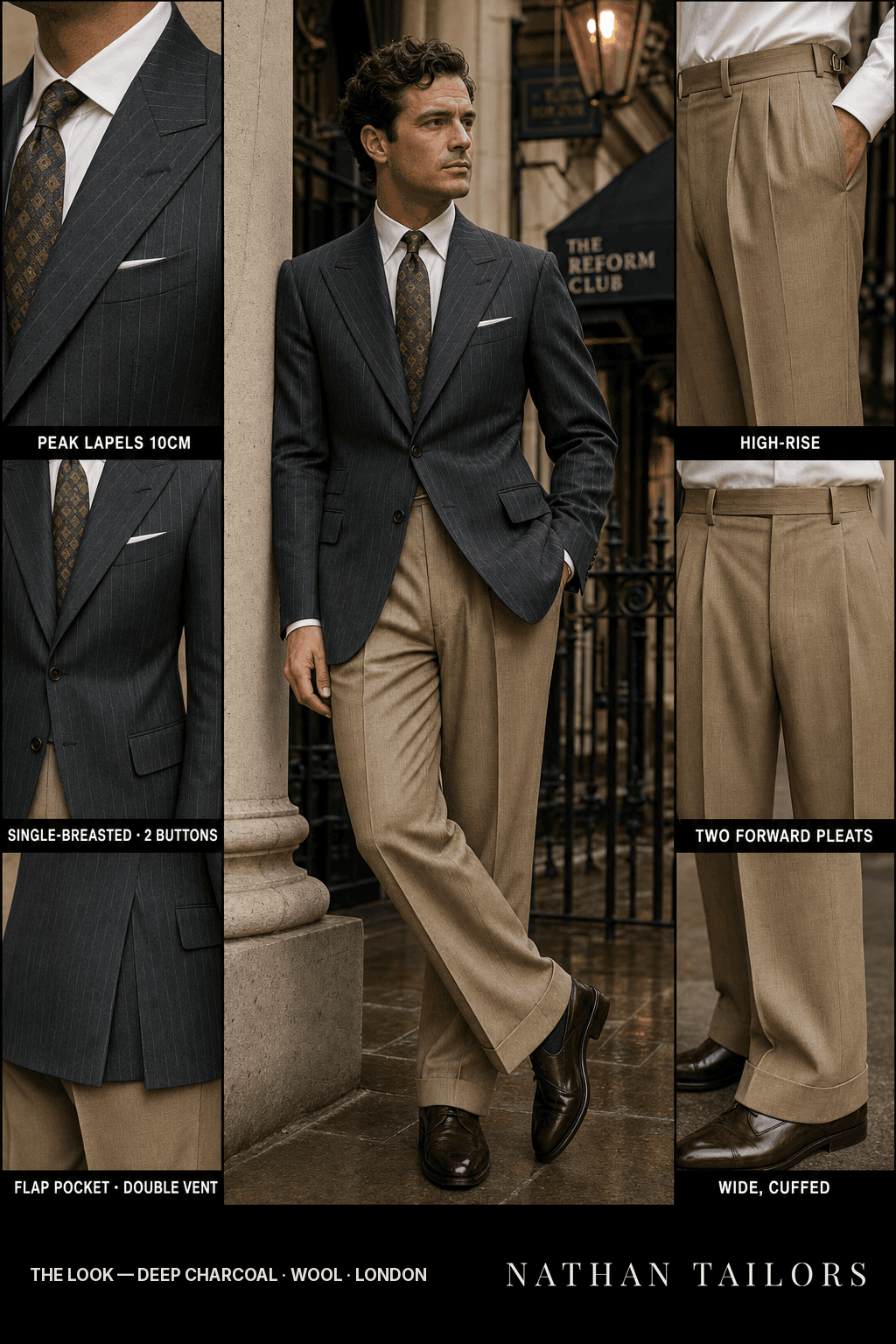deep charcoal pinstripe single-breasted bespoke suit — custom tailored by Nathan Tailors, the Hoi An custom tailor