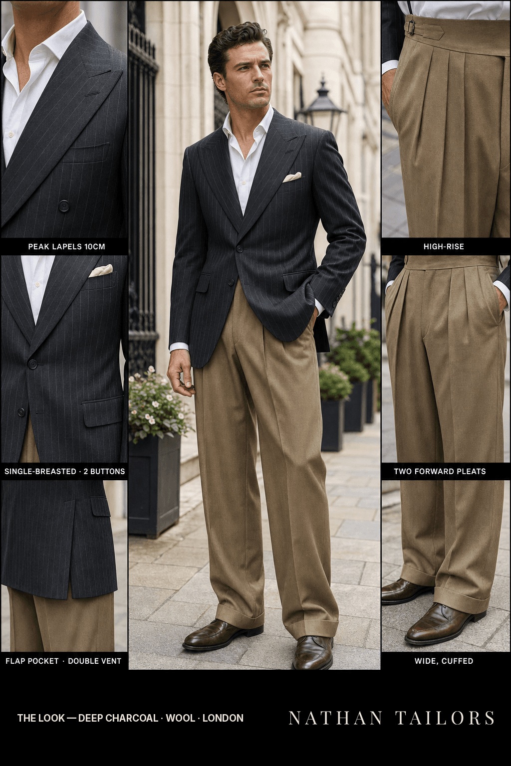 deep charcoal pinstripe single-breasted peak-lapel bespoke suit — AI-rendered by Nathan Tailors, the Hoi An custom tailor. Available as a custom tailored suit from $149.