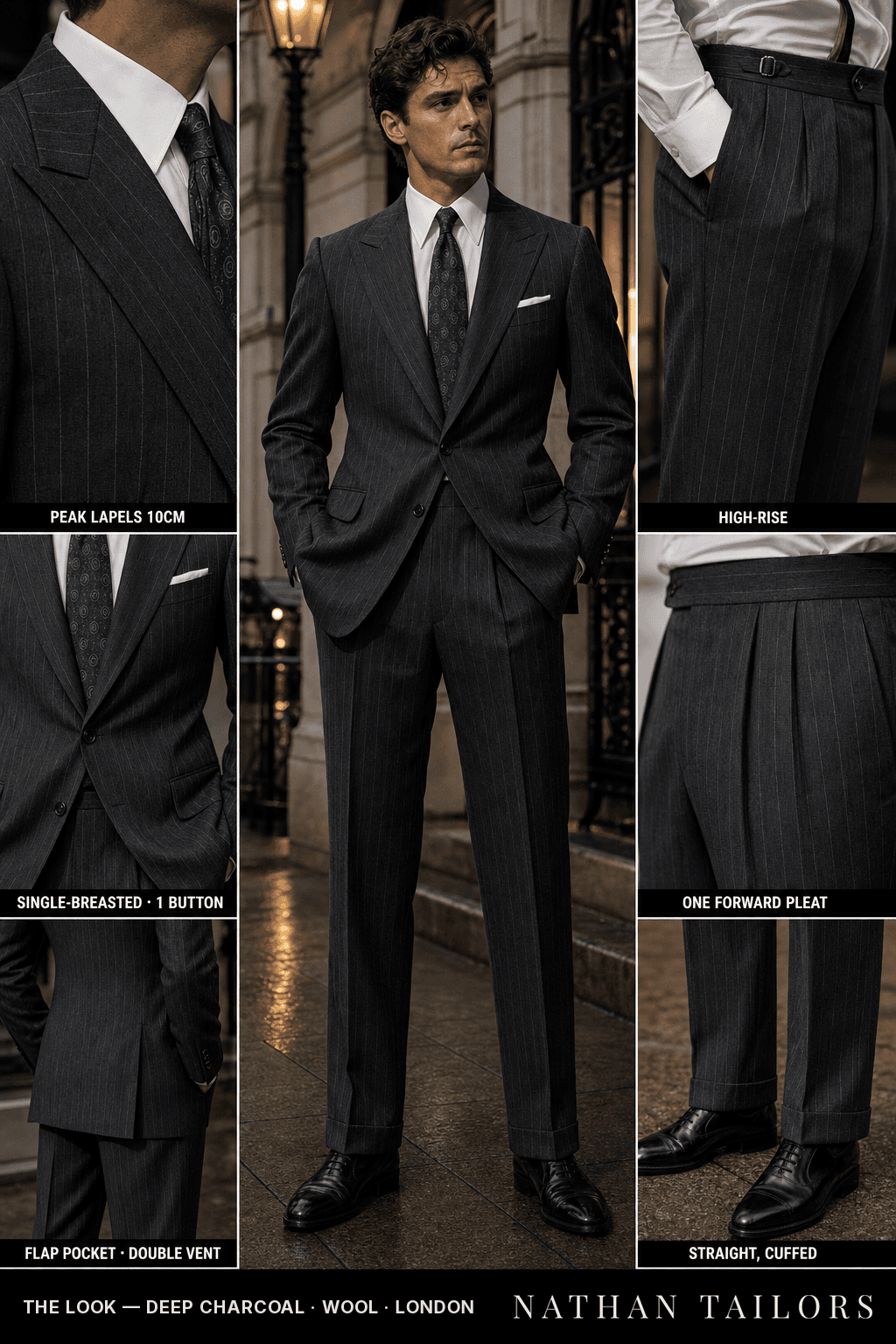 deep charcoal pinstripe single-breasted peak-lapel bespoke suit — AI-rendered by Nathan Tailors, the Hoi An custom tailor. Available as a custom tailored suit from $149.