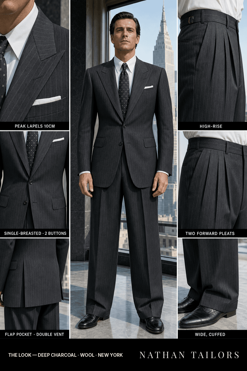 deep charcoal pinstripe single-breasted peak-lapel bespoke suit — AI-rendered by Nathan Tailors, the Hoi An custom tailor. Available as a custom tailored suit from $149.