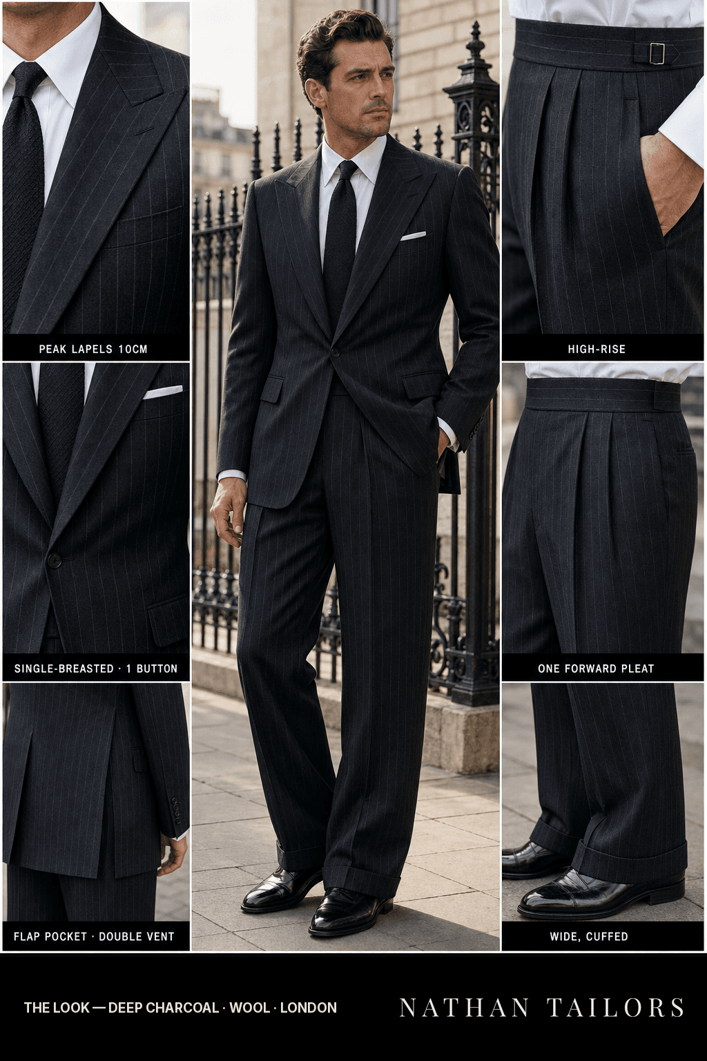deep charcoal pinstripe single-breasted bespoke suit — custom tailored by Nathan Tailors, the Hoi An custom tailor