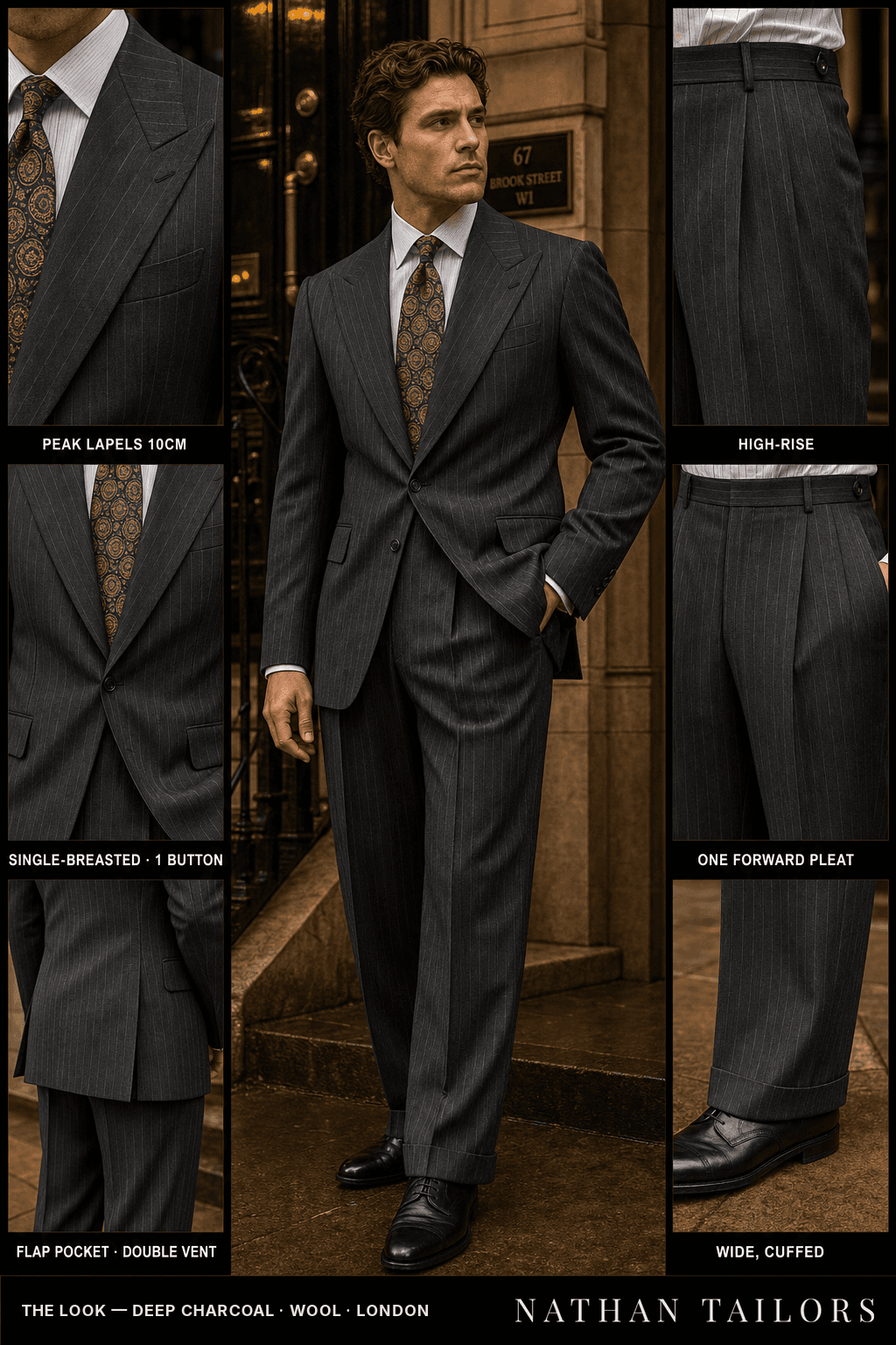 deep charcoal pinstripe single-breasted bespoke suit — custom tailored by Nathan Tailors, the Hoi An custom tailor