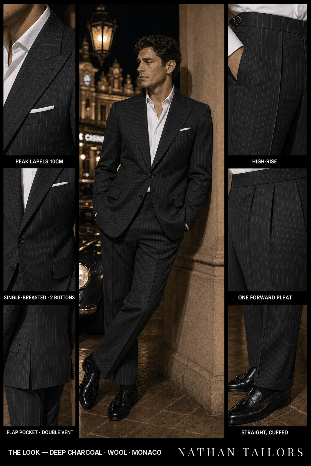 deep charcoal pinstripe single-breasted bespoke suit — custom tailored by Nathan Tailors, the Hoi An custom tailor
