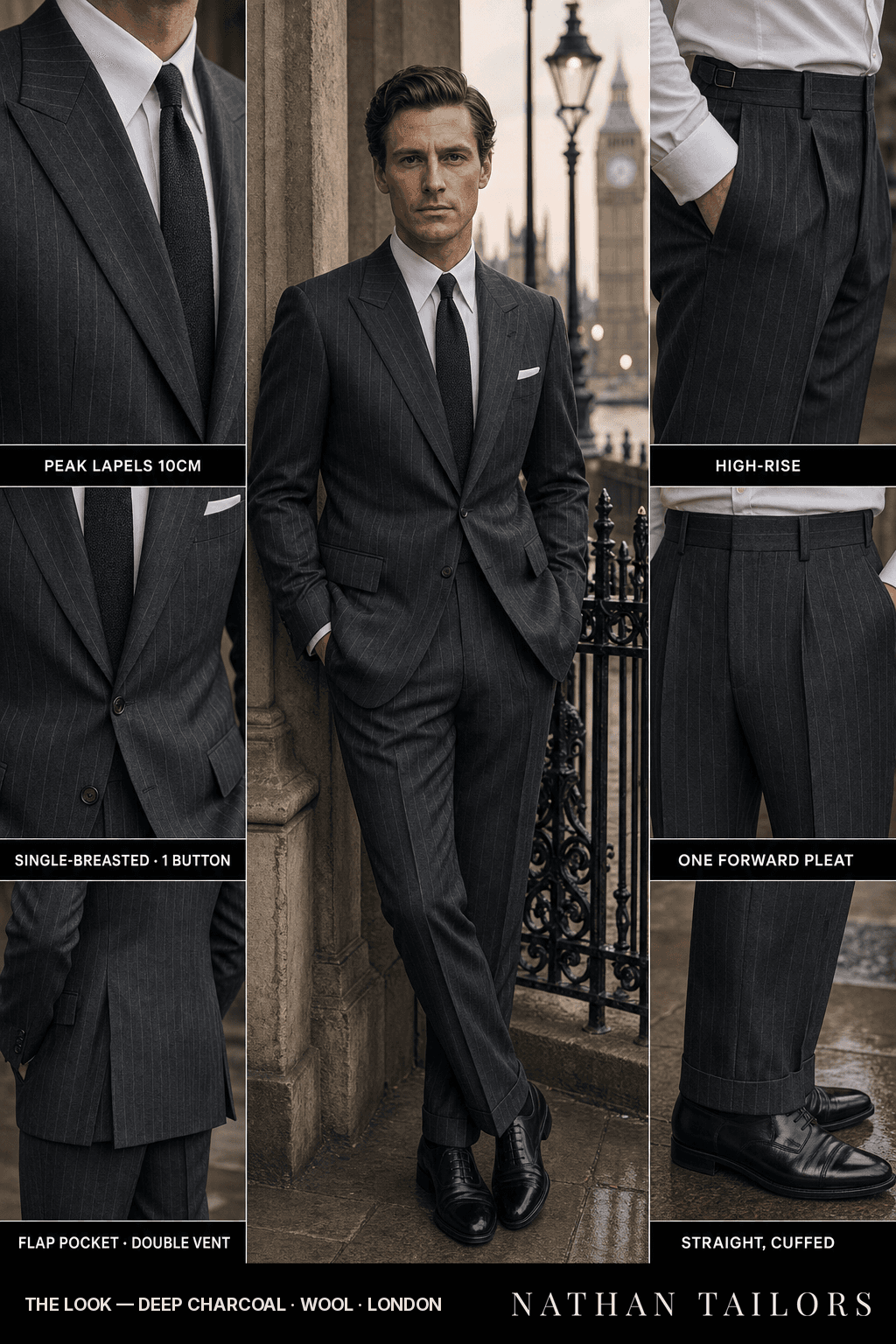 deep charcoal pinstripe single-breasted bespoke suit — custom tailored by Nathan Tailors, the Hoi An custom tailor