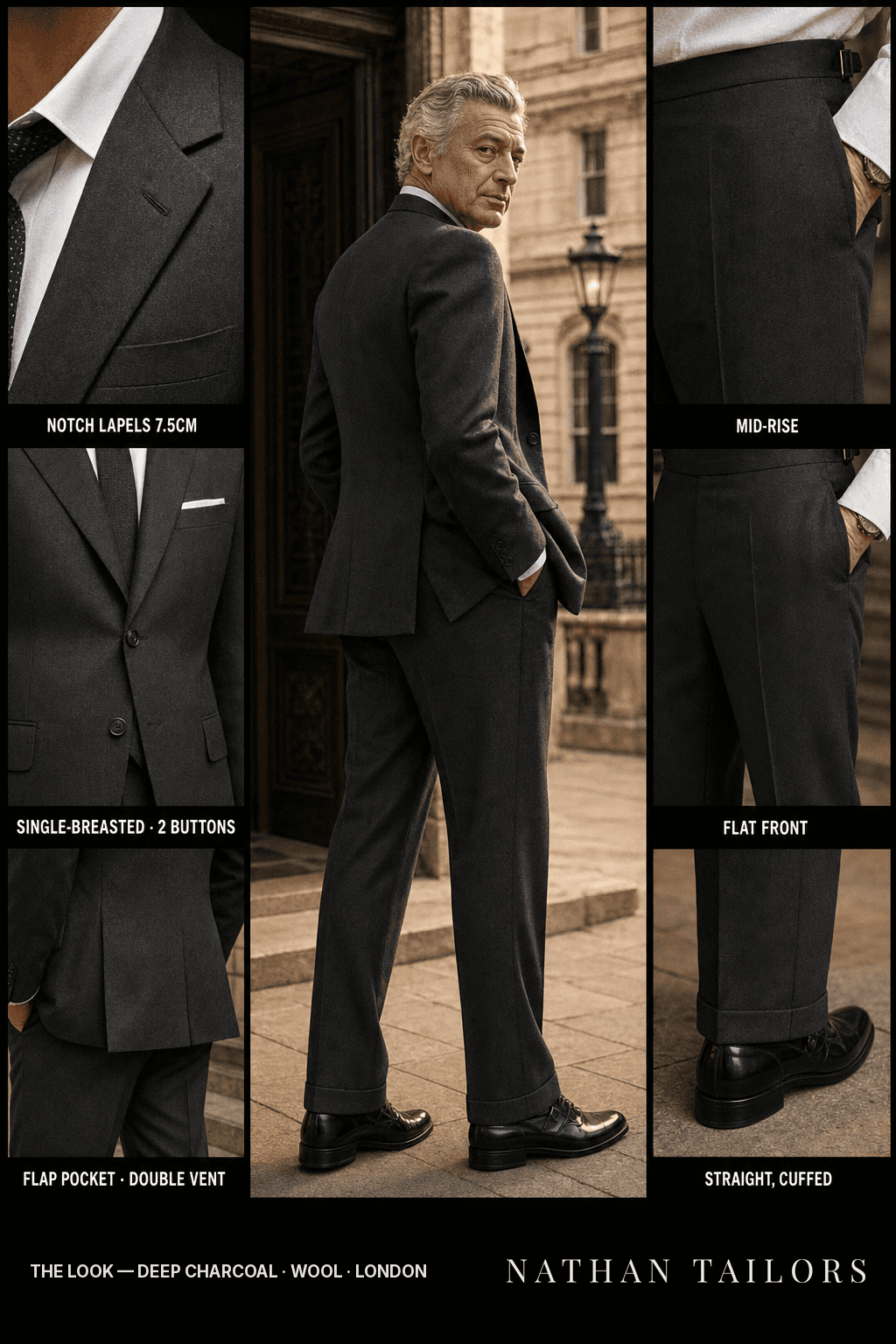 deep charcoal single-breasted notch-lapel bespoke suit — AI-rendered by Nathan Tailors, the Hoi An custom tailor. Available as a custom tailored suit from $149.