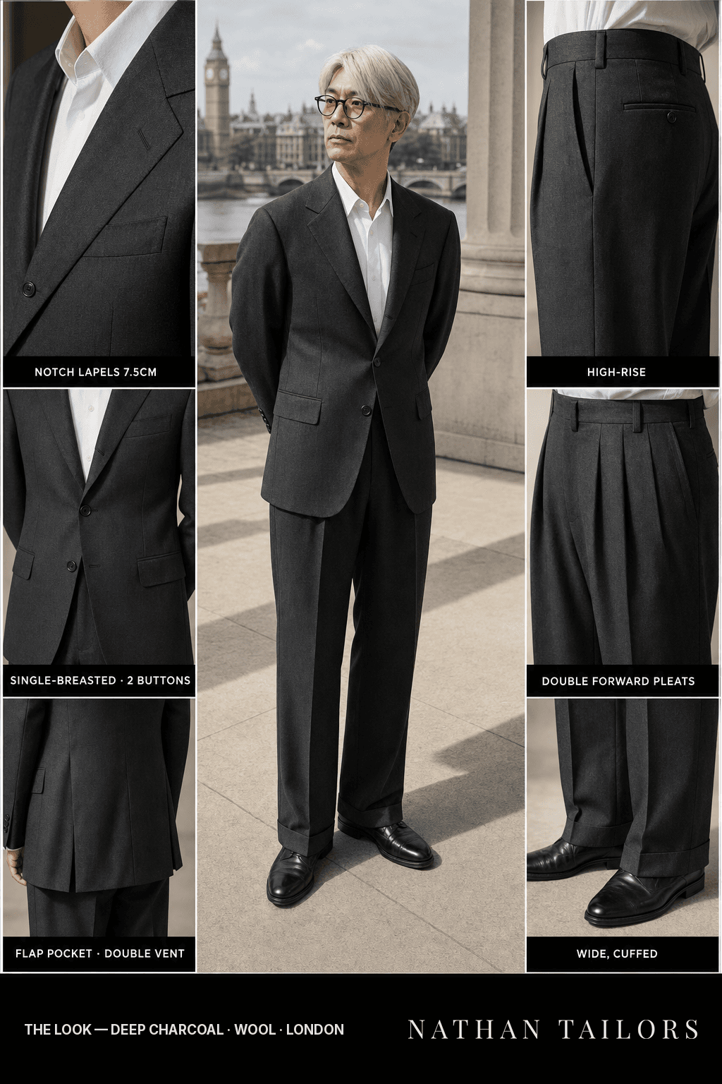 deep charcoal single-breasted notch-lapel bespoke suit — AI-rendered by Nathan Tailors, the Hoi An custom tailor. Available as a custom tailored suit from $149.
