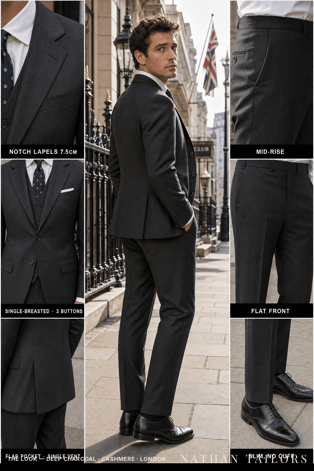 deep charcoal single-breasted bespoke suit — custom tailored by Nathan Tailors, the Hoi An custom tailor