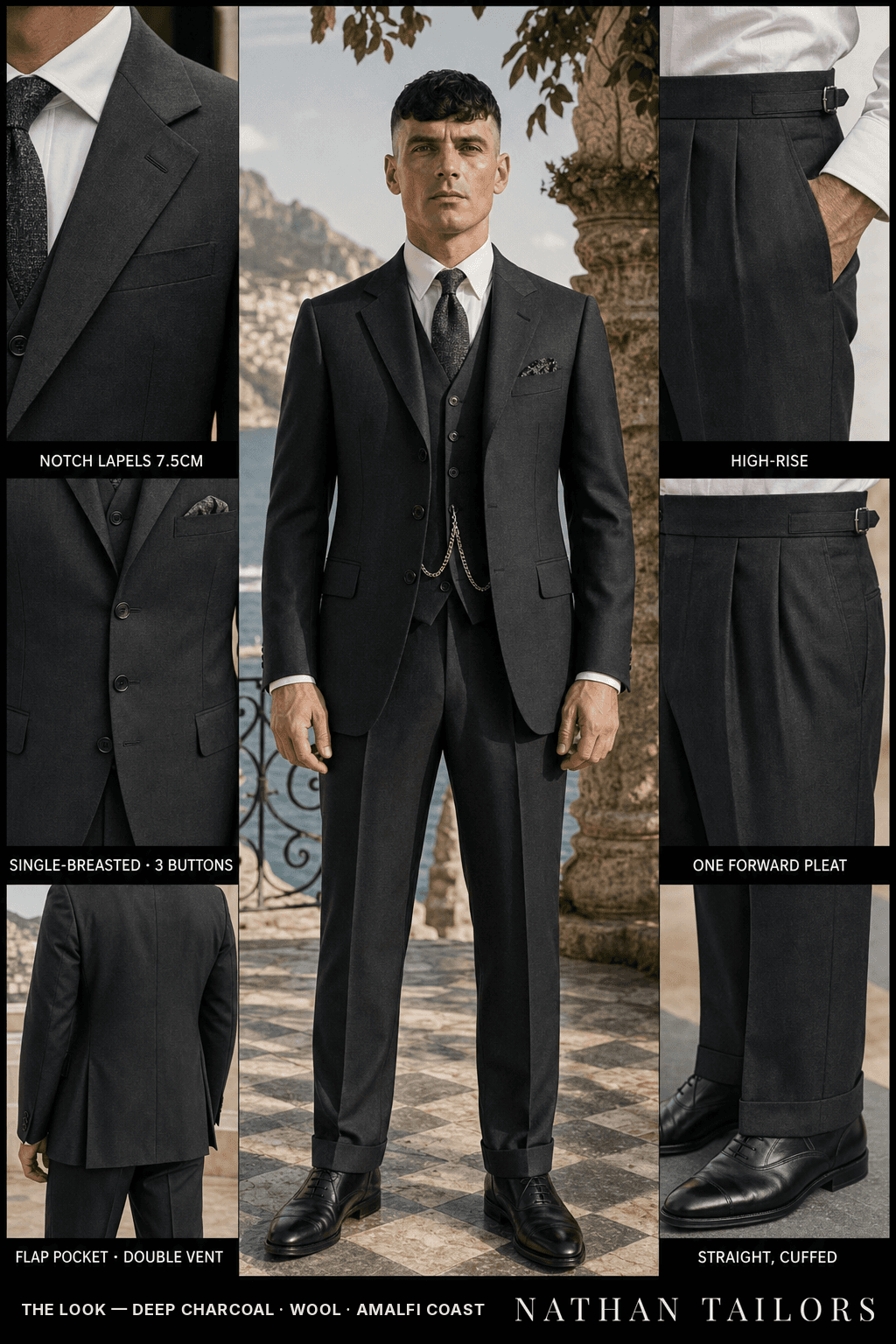 deep charcoal single-breasted suit — Nathan Tailors Hoi An tailor Atelier render