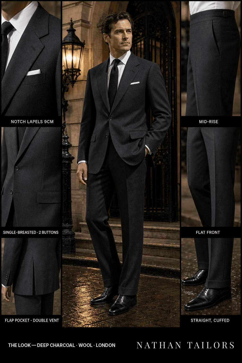 deep charcoal single-breasted bespoke suit — custom tailored by Nathan Tailors, the Hoi An custom tailor