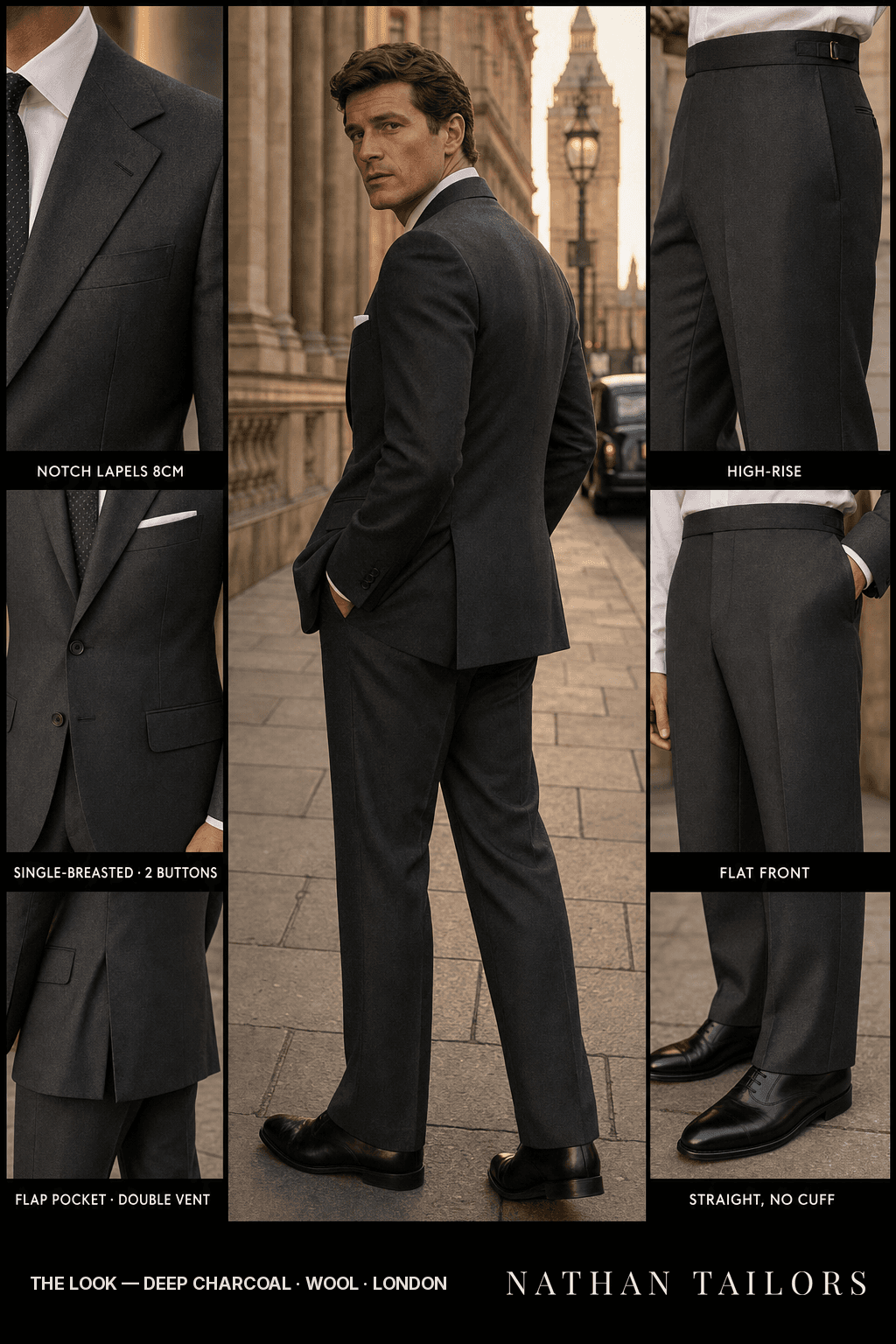 deep charcoal single-breasted bespoke suit — custom tailored by Nathan Tailors, the Hoi An custom tailor