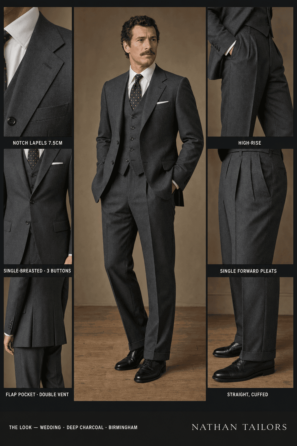 deep charcoal single-breasted bespoke suit — custom tailored by Nathan Tailors, the Hoi An custom tailor