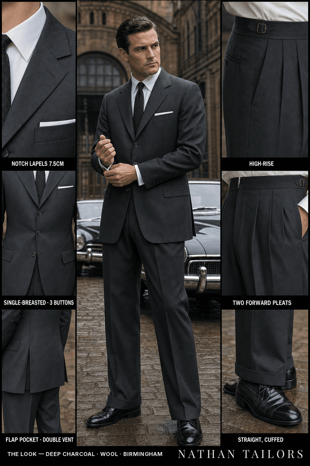 deep charcoal single-breasted bespoke suit — custom tailored by Nathan Tailors, the Hoi An custom tailor