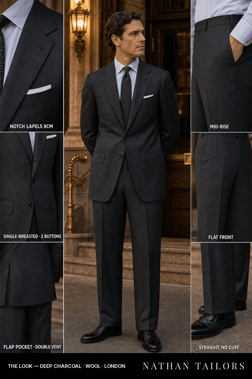 deep charcoal single-breasted bespoke suit — custom tailored by Nathan Tailors, the Hoi An custom tailor