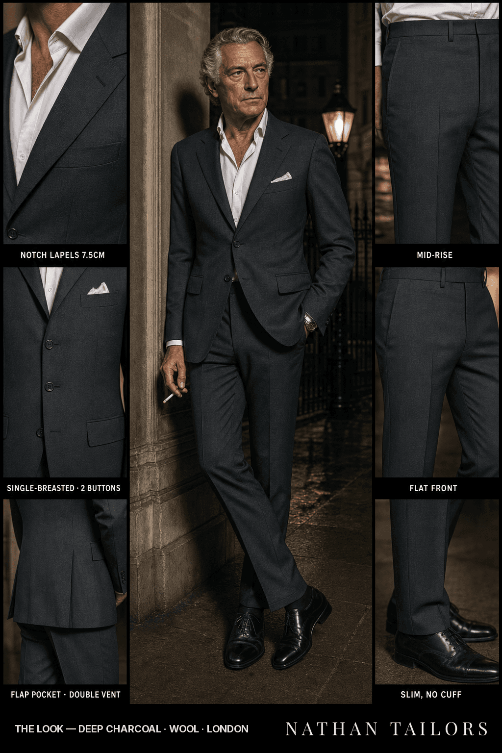 deep charcoal single-breasted bespoke suit — custom tailored by Nathan Tailors, the Hoi An custom tailor