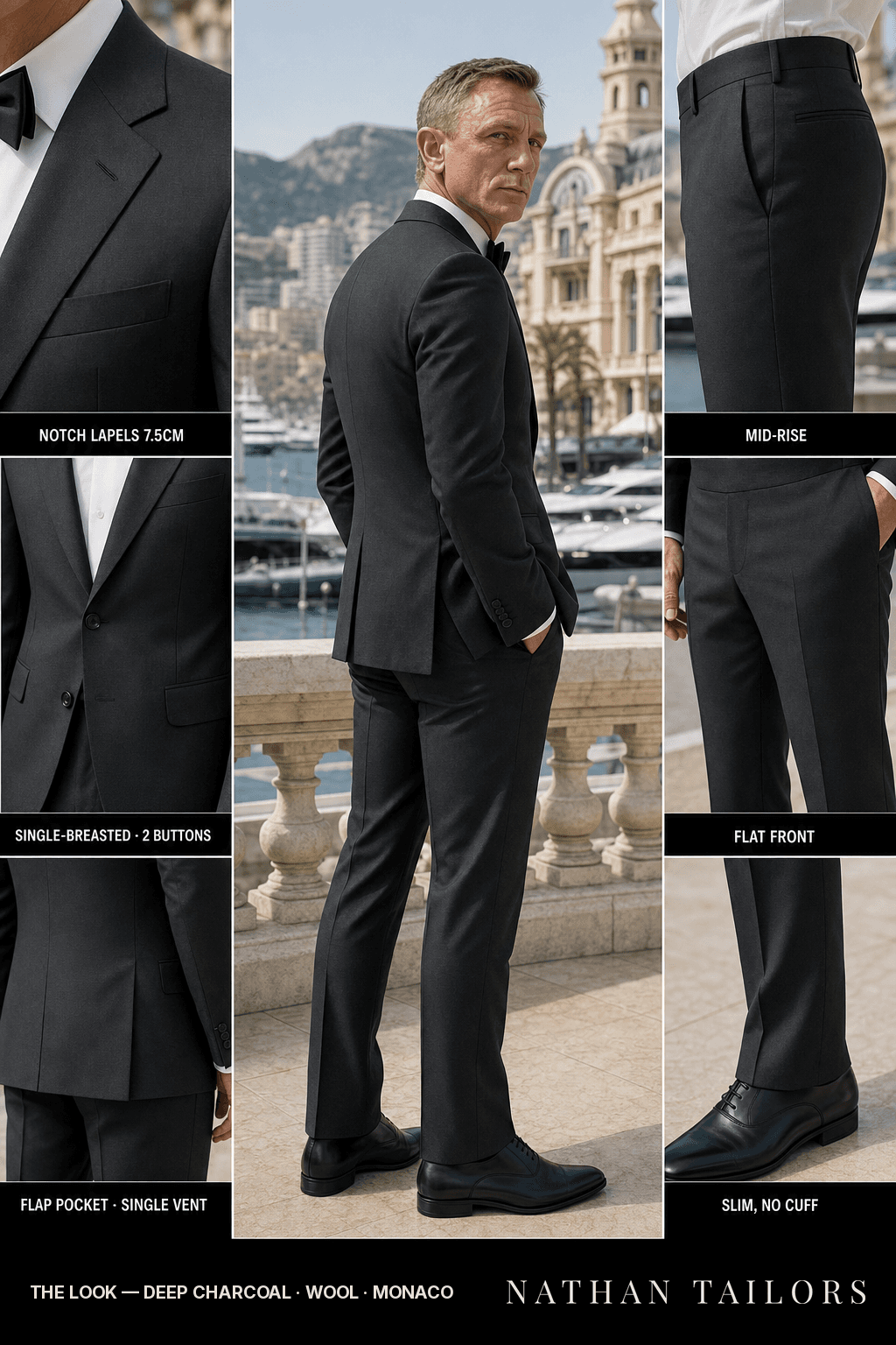 deep charcoal single-breasted bespoke suit — custom tailored by Nathan Tailors, the Hoi An custom tailor