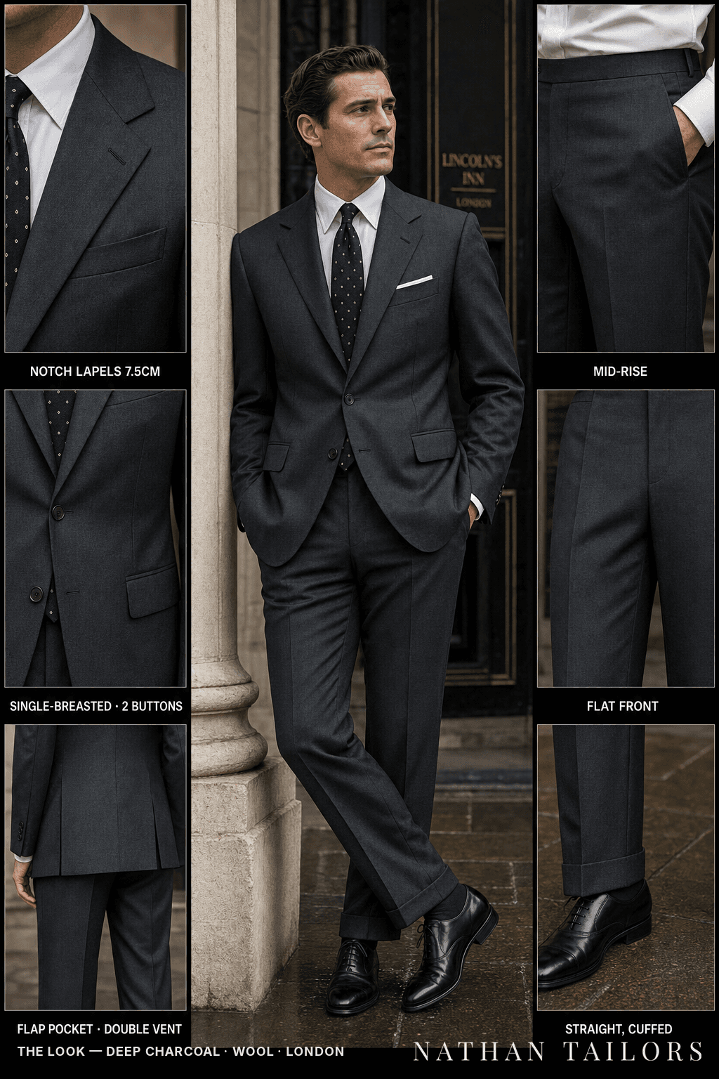 deep charcoal single-breasted bespoke suit — custom tailored by Nathan Tailors, the Hoi An custom tailor