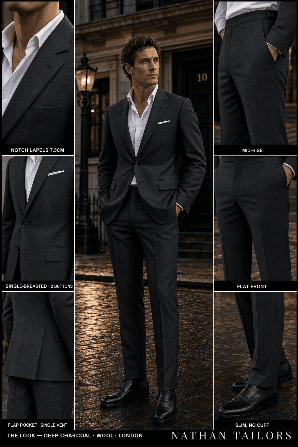 deep charcoal single-breasted bespoke suit — custom tailored by Nathan Tailors, the Hoi An custom tailor