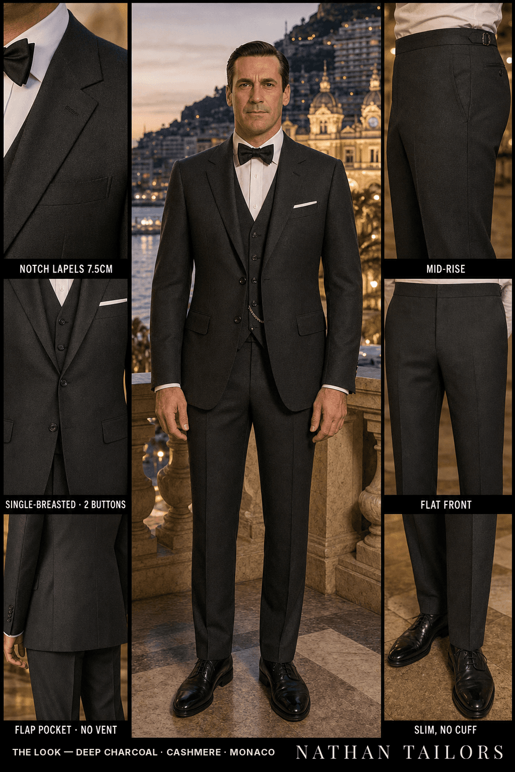 deep charcoal single-breasted notch-lapel bespoke suit — AI-rendered by Nathan Tailors, the Hoi An custom tailor. Available as a custom tailored suit from $149.