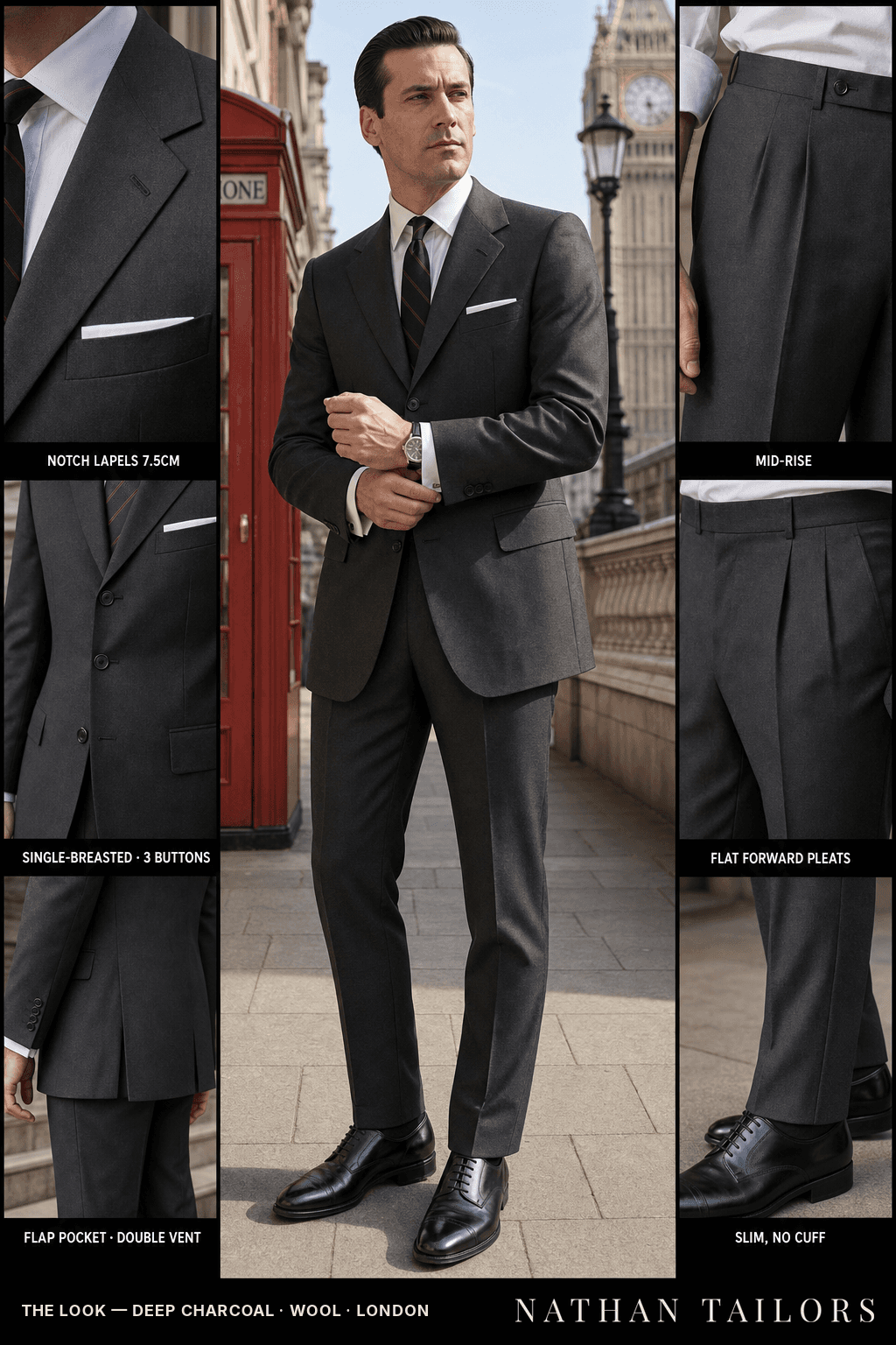 deep charcoal single-breasted bespoke suit — custom tailored by Nathan Tailors, the Hoi An custom tailor