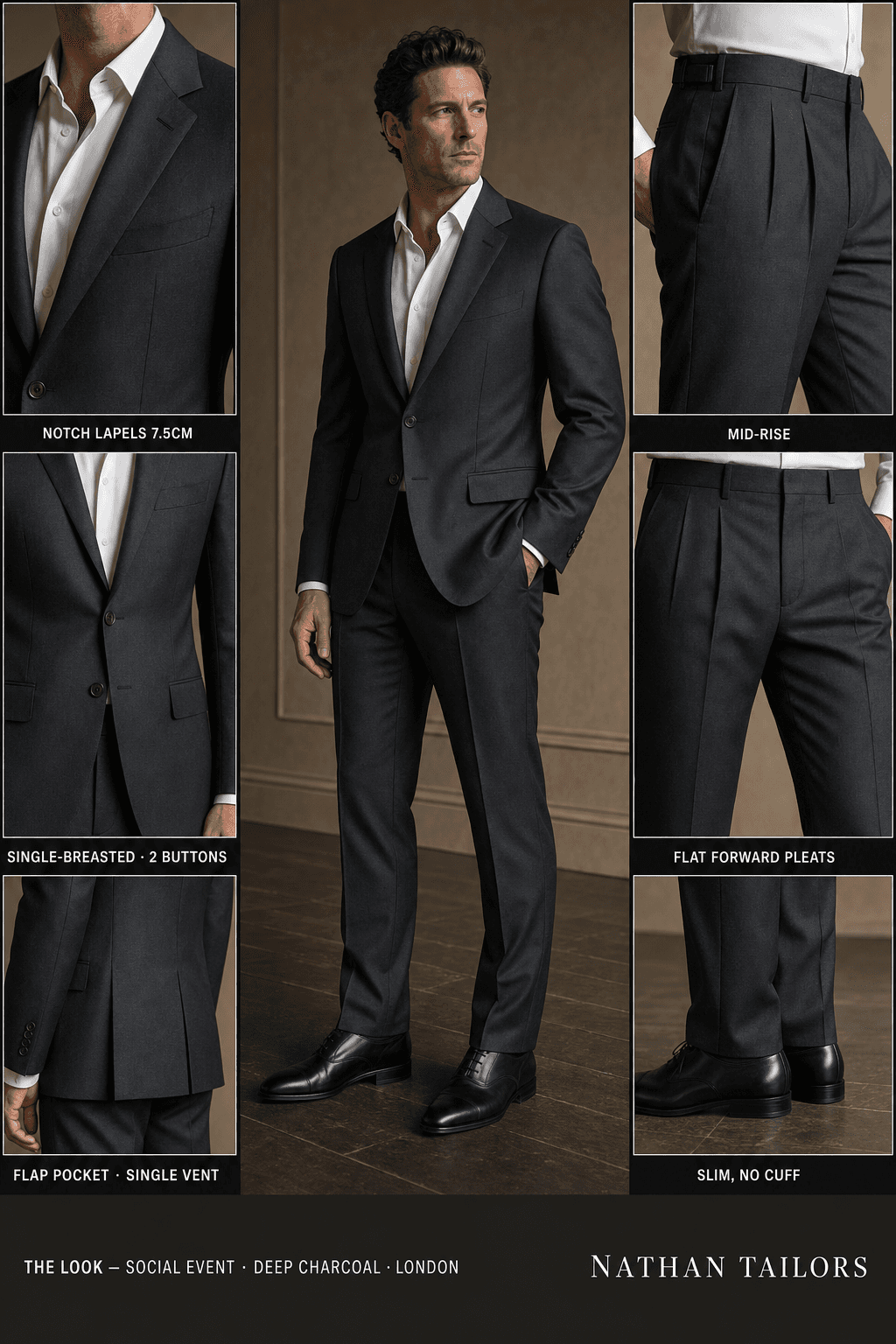 deep charcoal single-breasted bespoke suit — custom tailored by Nathan Tailors, the Hoi An custom tailor