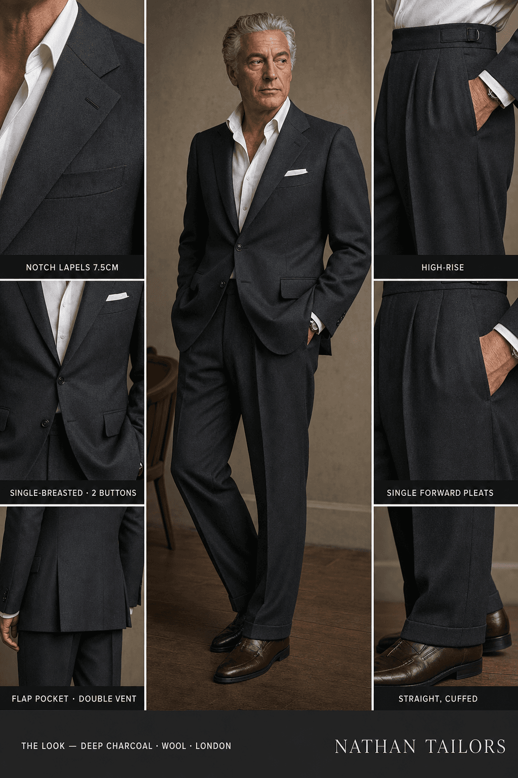 deep charcoal single-breasted bespoke suit — custom tailored by Nathan Tailors, the Hoi An custom tailor