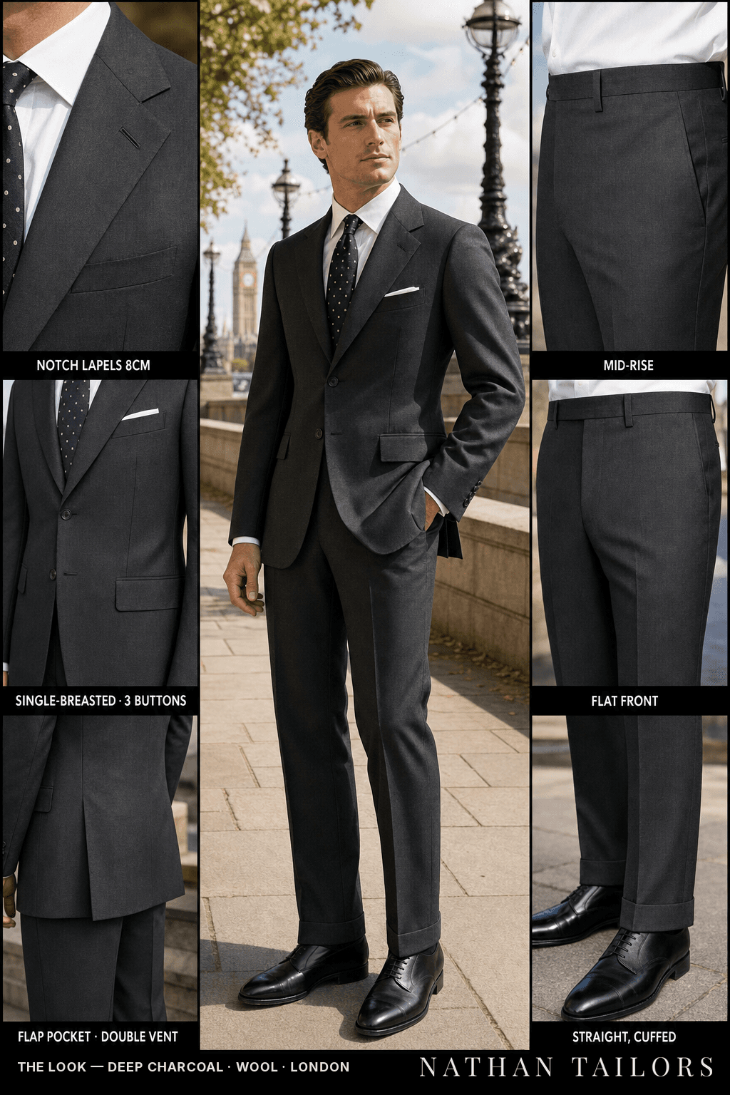 deep charcoal single-breasted bespoke suit — custom tailored by Nathan Tailors, the Hoi An custom tailor