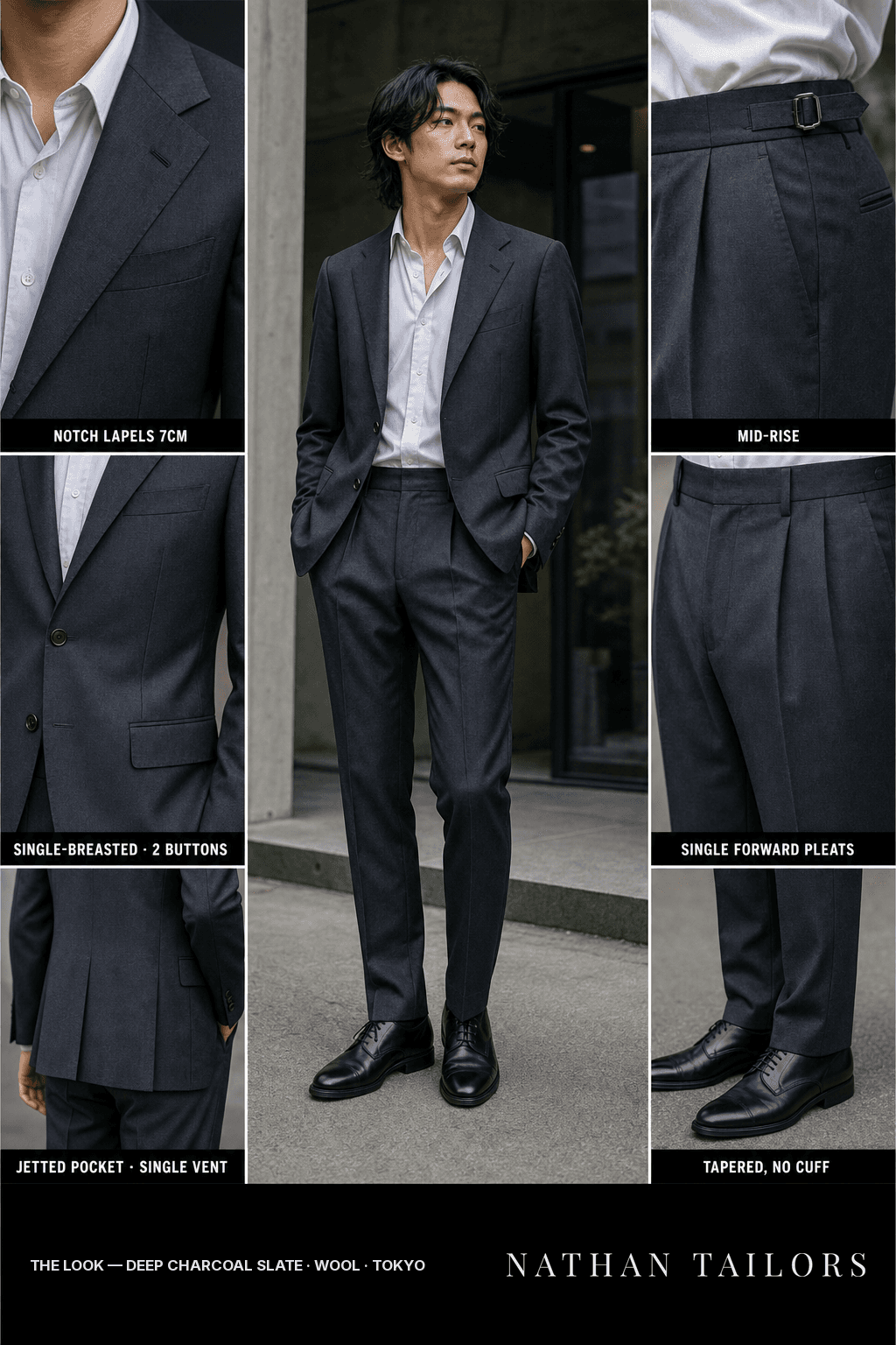 deep charcoal slate single-breasted bespoke suit — custom tailored by Nathan Tailors, the Hoi An custom tailor