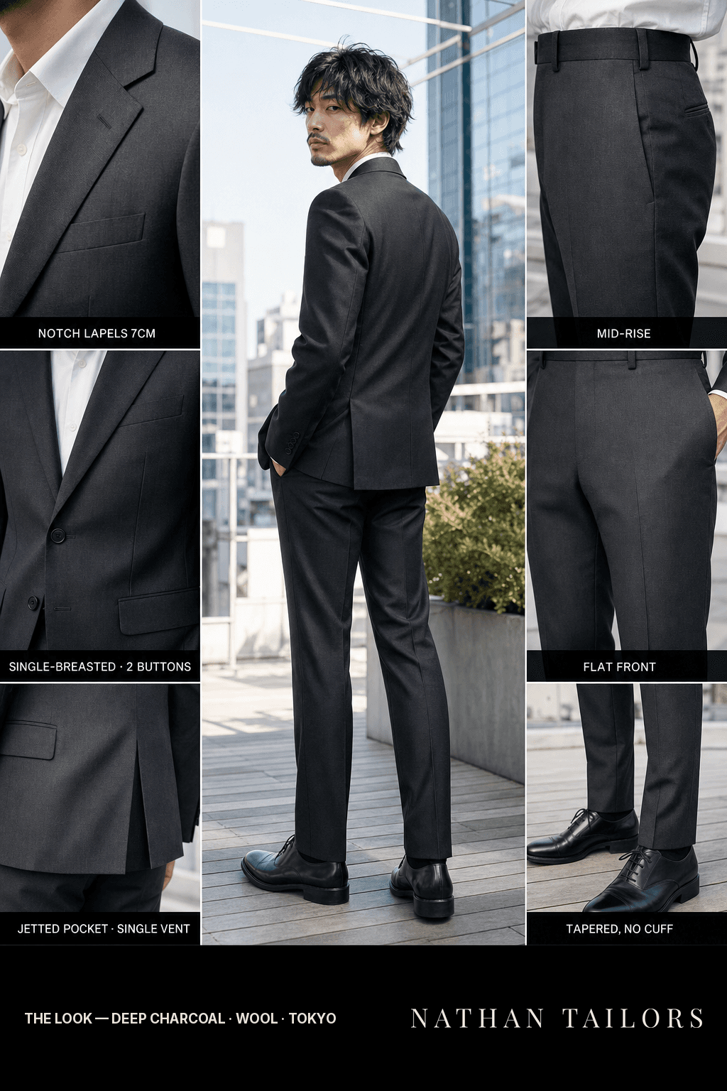 deep charcoal single-breasted notch-lapel bespoke suit — AI-rendered by Nathan Tailors, the Hoi An custom tailor. Available as a custom tailored suit from $149.