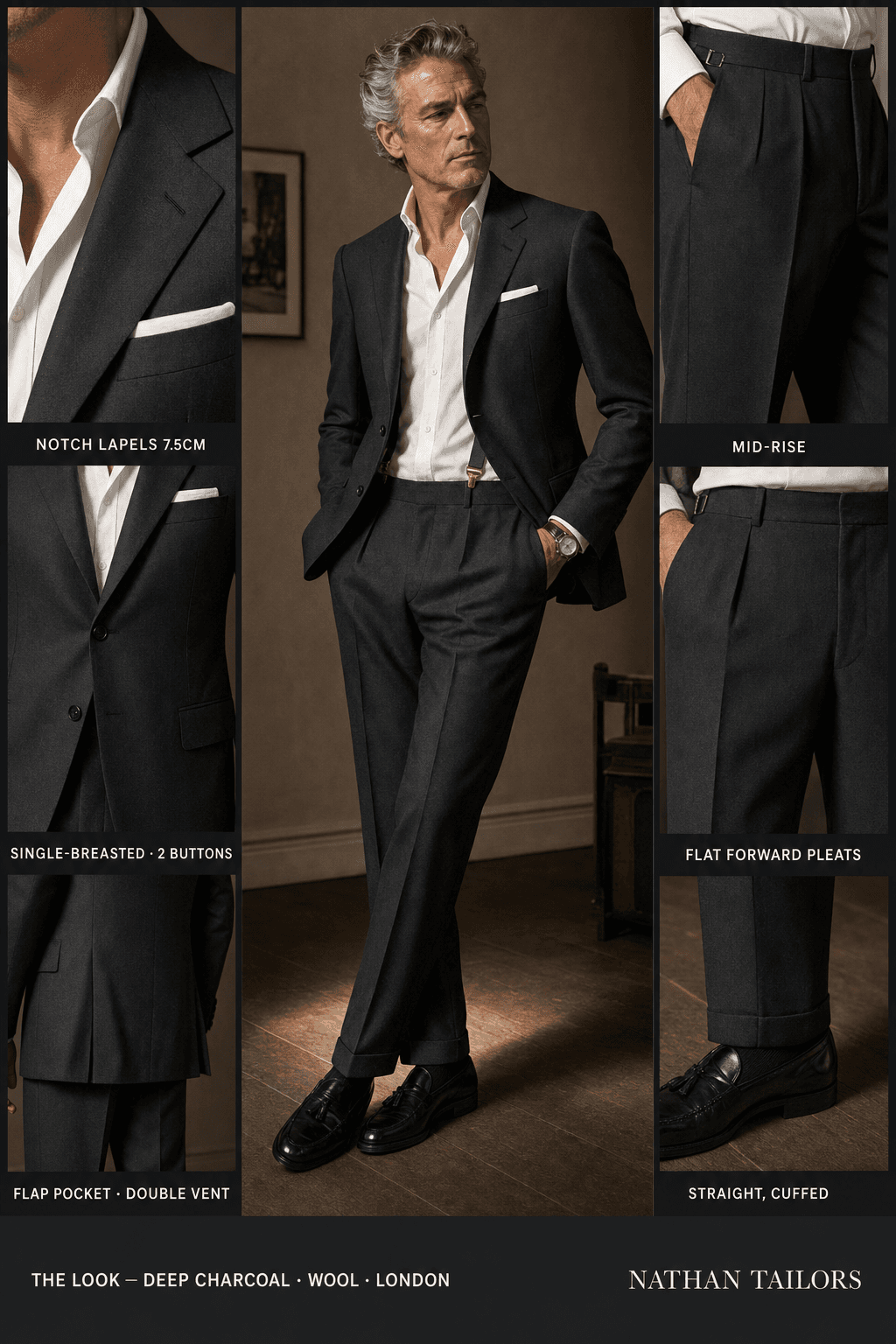 deep charcoal single-breasted bespoke suit — custom tailored by Nathan Tailors, the Hoi An custom tailor