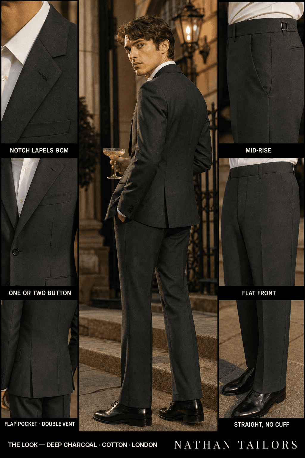 deep charcoal single-breasted bespoke suit — custom tailored by Nathan Tailors, the Hoi An custom tailor