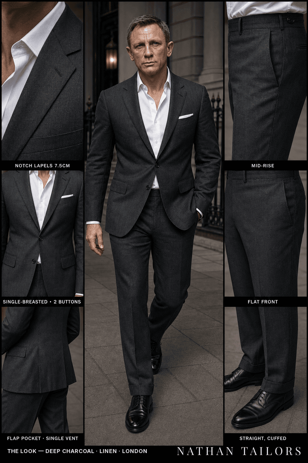 deep charcoal single-breasted bespoke suit — custom tailored by Nathan Tailors, the Hoi An custom tailor