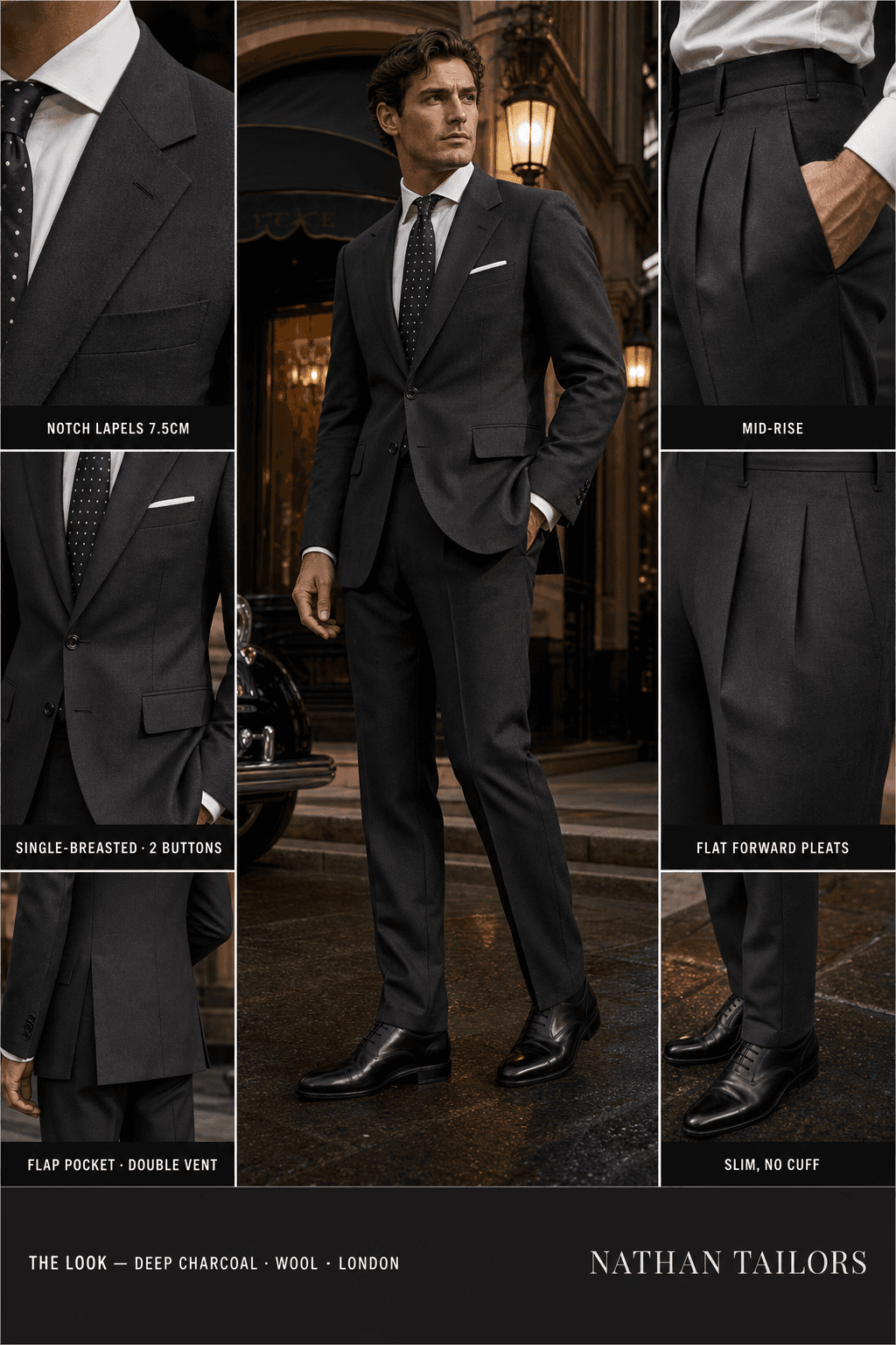 deep charcoal single-breasted bespoke suit — custom tailored by Nathan Tailors, the Hoi An custom tailor