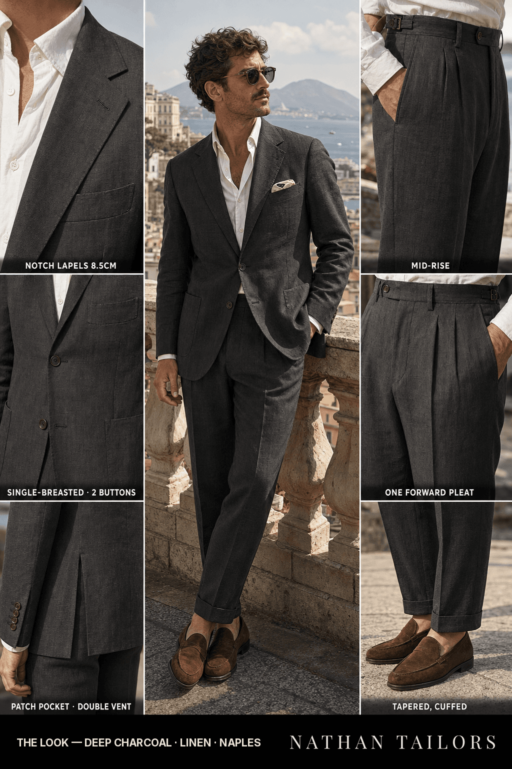 deep charcoal single-breasted bespoke suit — custom tailored by Nathan Tailors, the Hoi An custom tailor