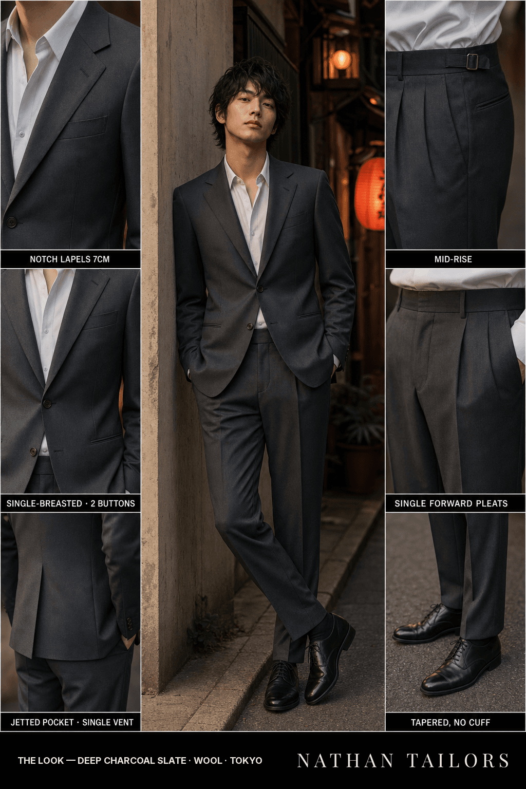deep charcoal slate single-breasted bespoke suit — custom tailored by Nathan Tailors, the Hoi An custom tailor