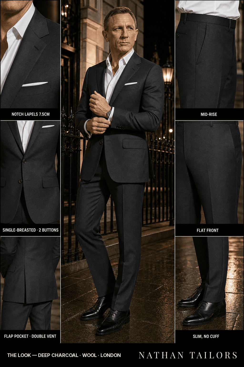 deep charcoal single-breasted notch-lapel bespoke suit — AI-rendered by Nathan Tailors, the Hoi An custom tailor. Available as a custom tailored suit from $149.