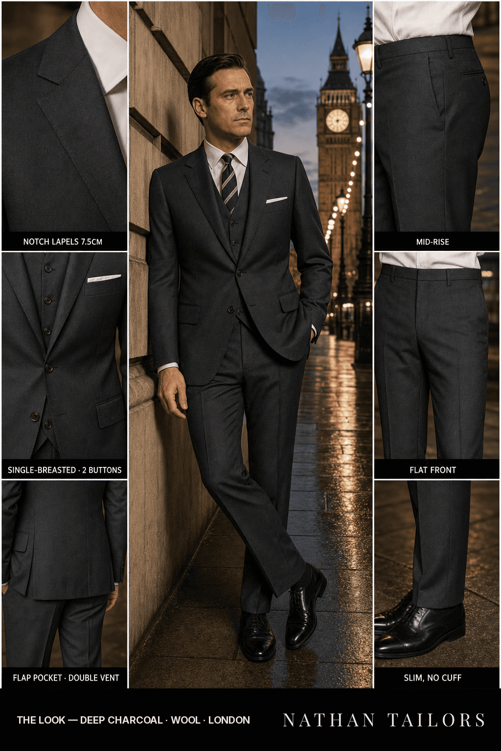 deep charcoal single-breasted bespoke suit — custom tailored by Nathan Tailors, the Hoi An custom tailor