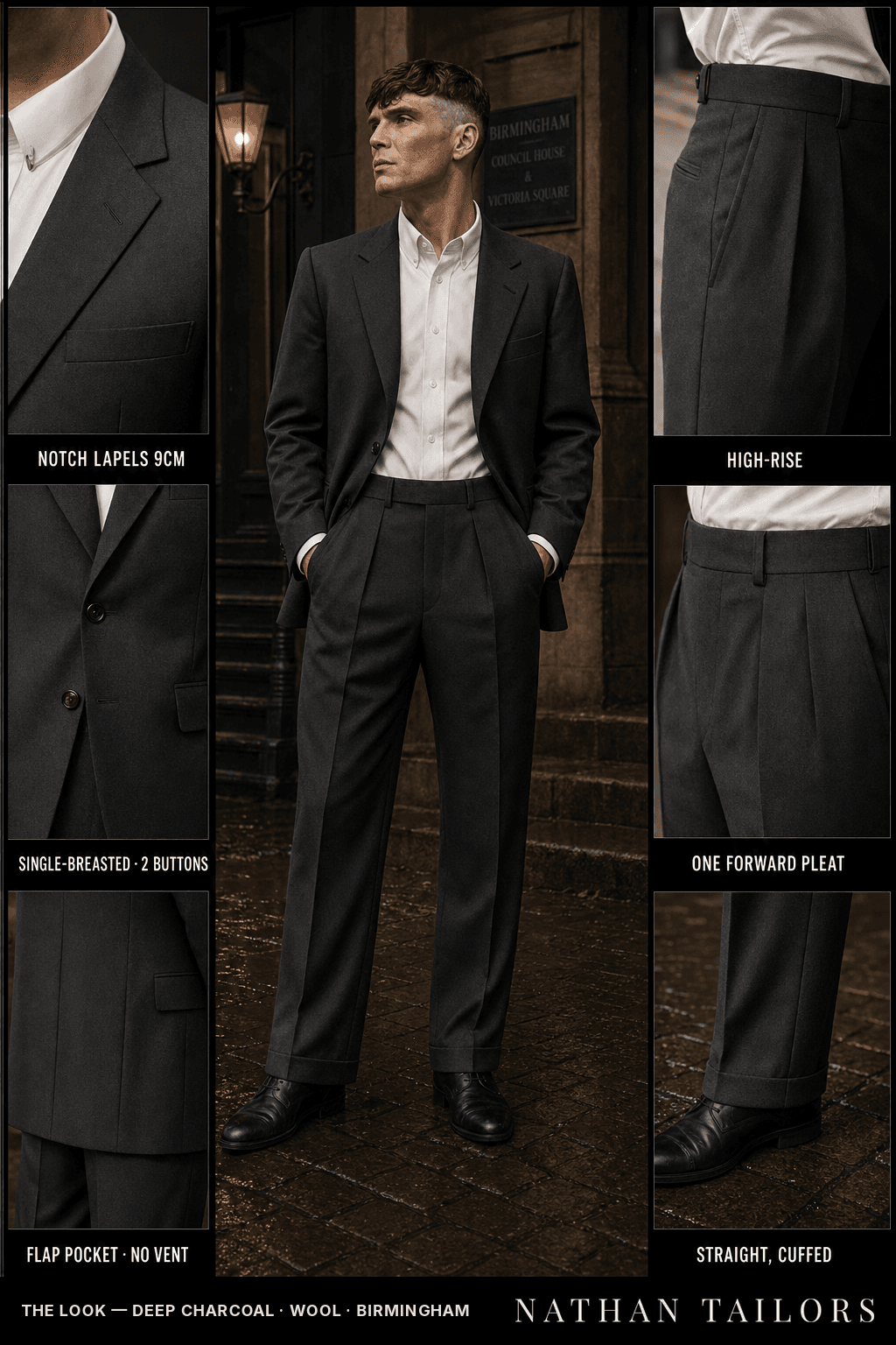 deep charcoal single-breasted notch-lapel bespoke suit — AI-rendered by Nathan Tailors, the Hoi An custom tailor. Available as a custom tailored suit from $149.
