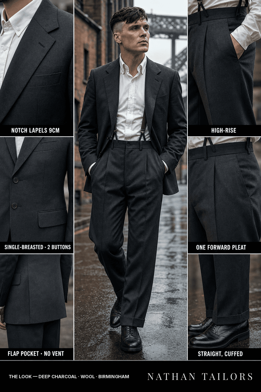 deep charcoal single-breasted notch-lapel bespoke suit — AI-rendered by Nathan Tailors, the Hoi An custom tailor. Available as a custom tailored suit from $149.
