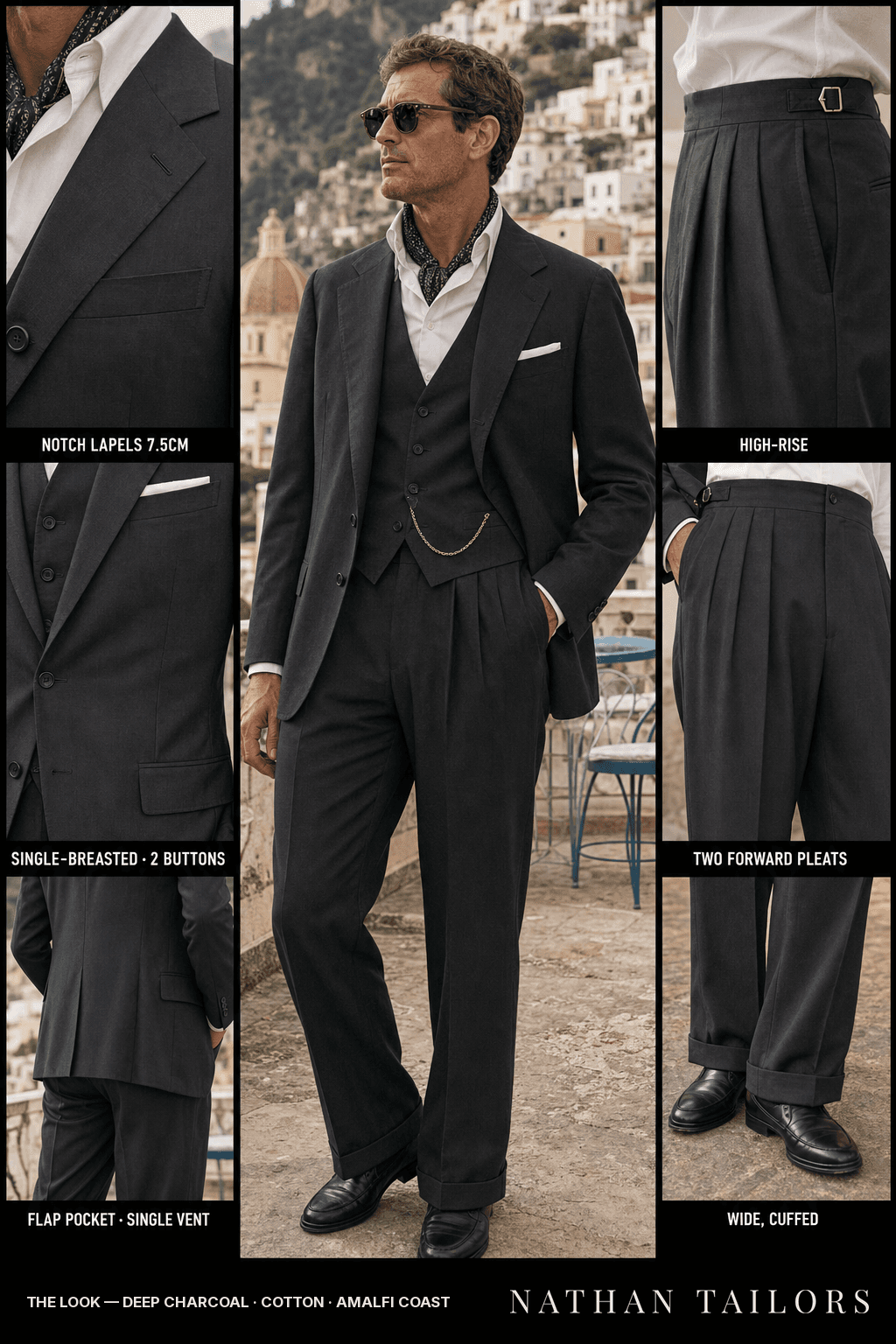deep charcoal single-breasted bespoke suit — custom tailored by Nathan Tailors, the Hoi An custom tailor